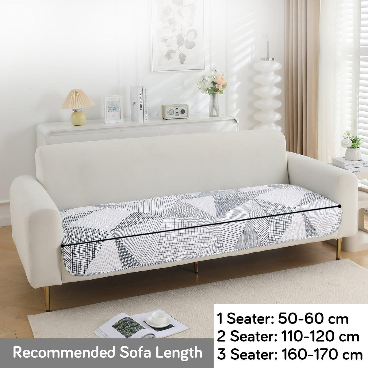 HOKIPO Water Repellent Sofa Seat Mat for 1/2/3 Seater - Snow White Black Geometry - HOKIPO | Har Ghar ka Humsafar