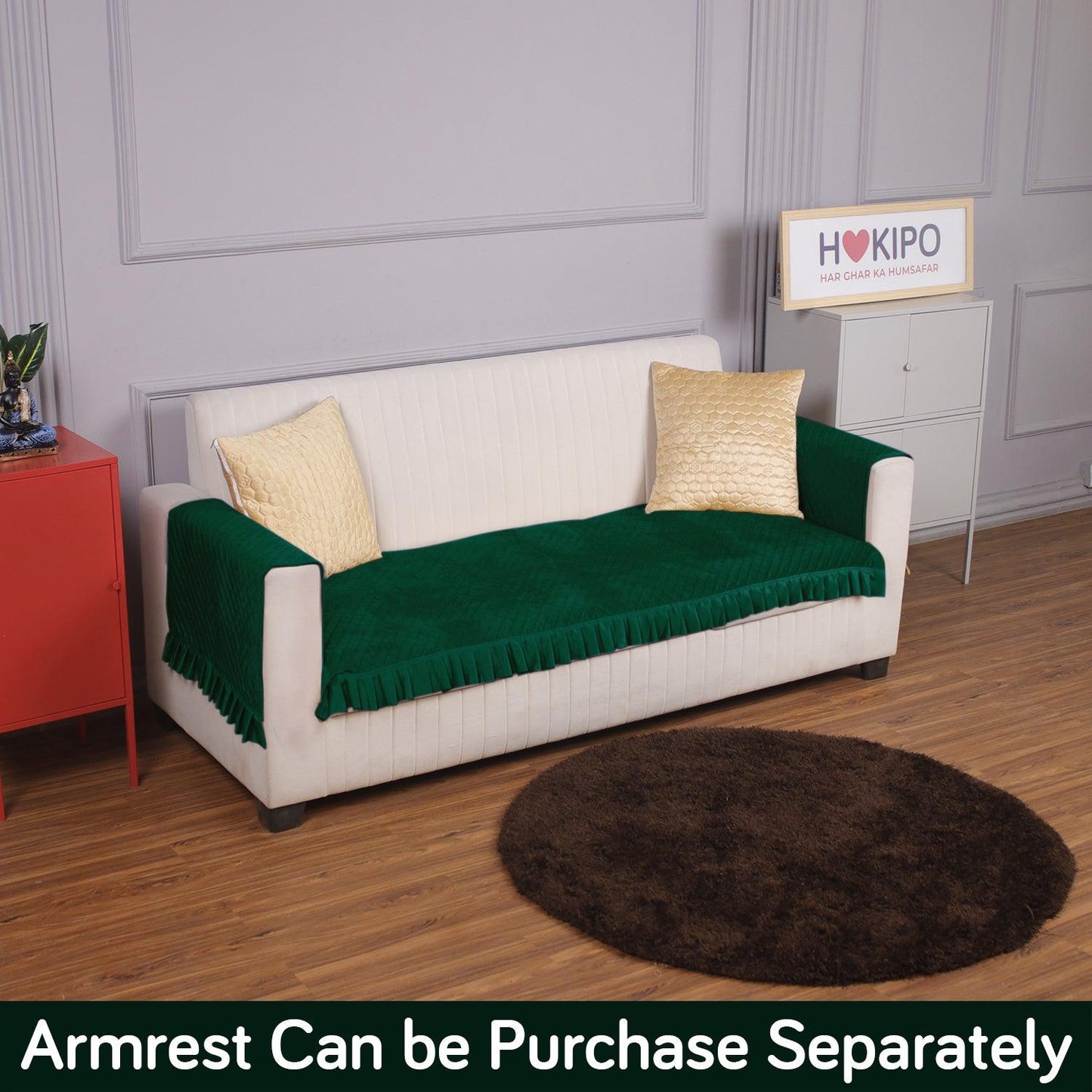 Holland Velvet Sofa Cover Seat Mat with Frill for 1/2/3 - Seater, Bottle Green - HOKIPO | Har Ghar ka Humsafar