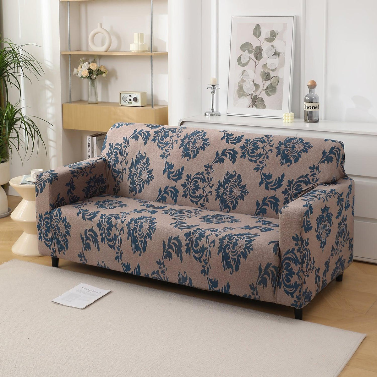 Light Coffee Lotus Damask non slip elastic 2 seater sofa cover