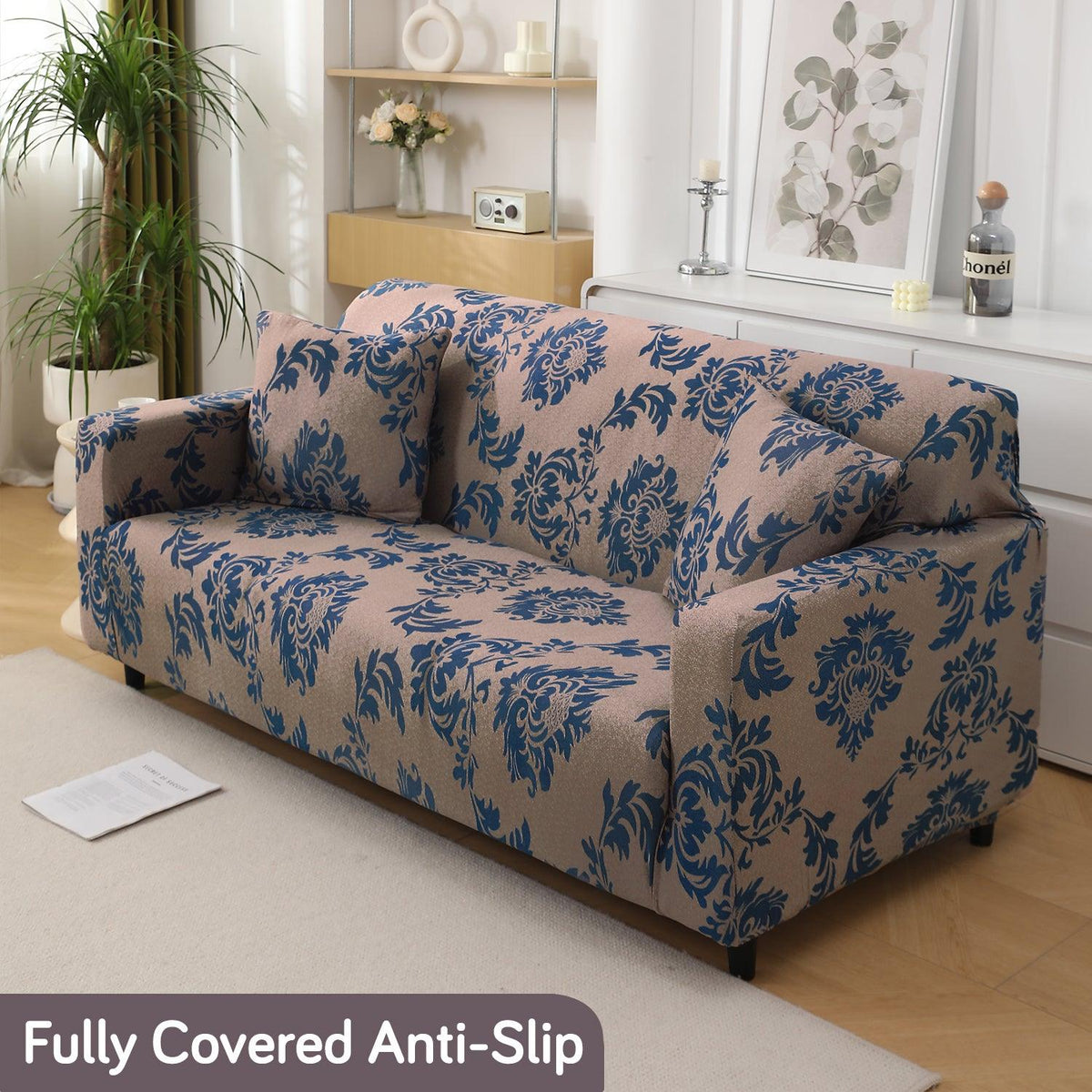 Light Coffee Lotus Damask stretchable two seater sofa cover