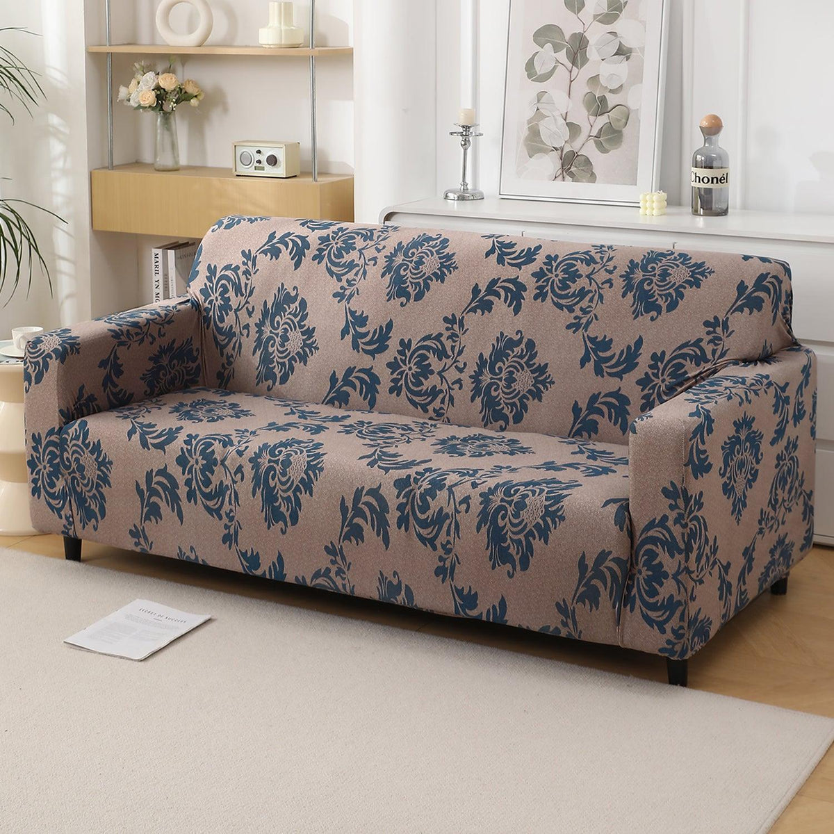 Light Coffee Lotus Damask, non slip, elastic 4 seater sofa cover​s
