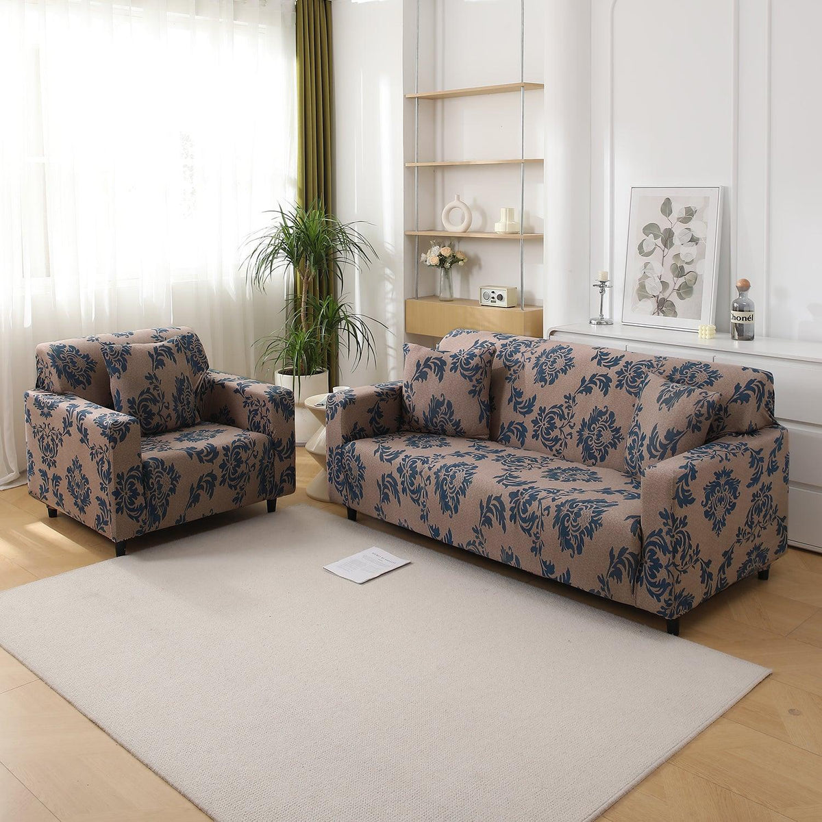 Light Coffee Lotus Damask stretchable sofa cover 3+1+1 seater sofa cover