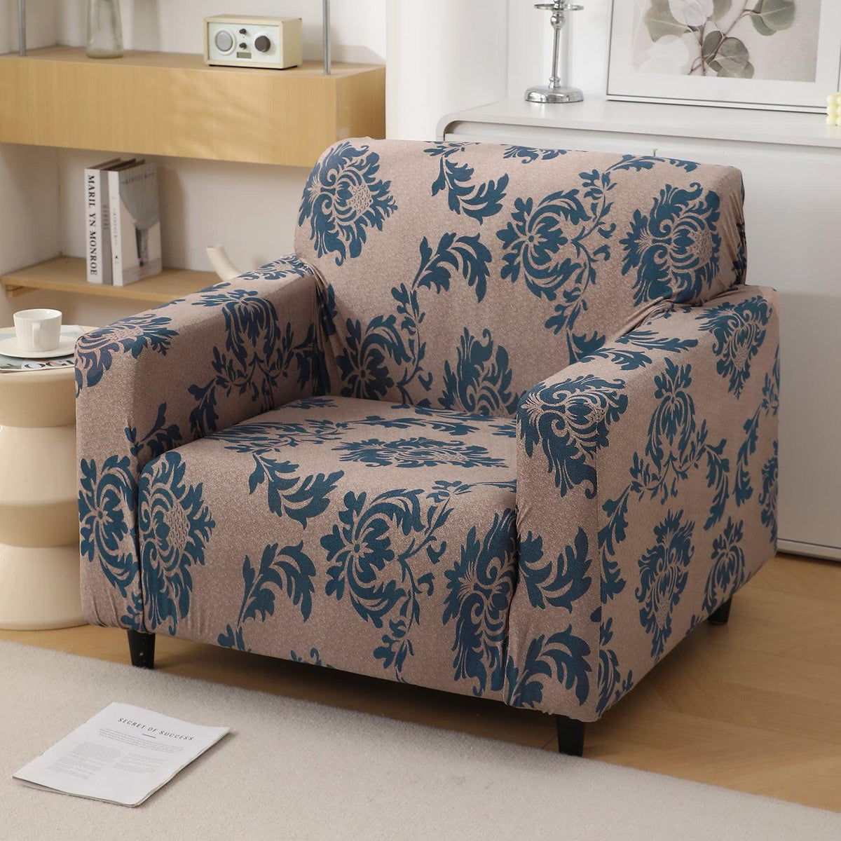 Light Coffee Lotus Damask stretchable single sofa cover​
