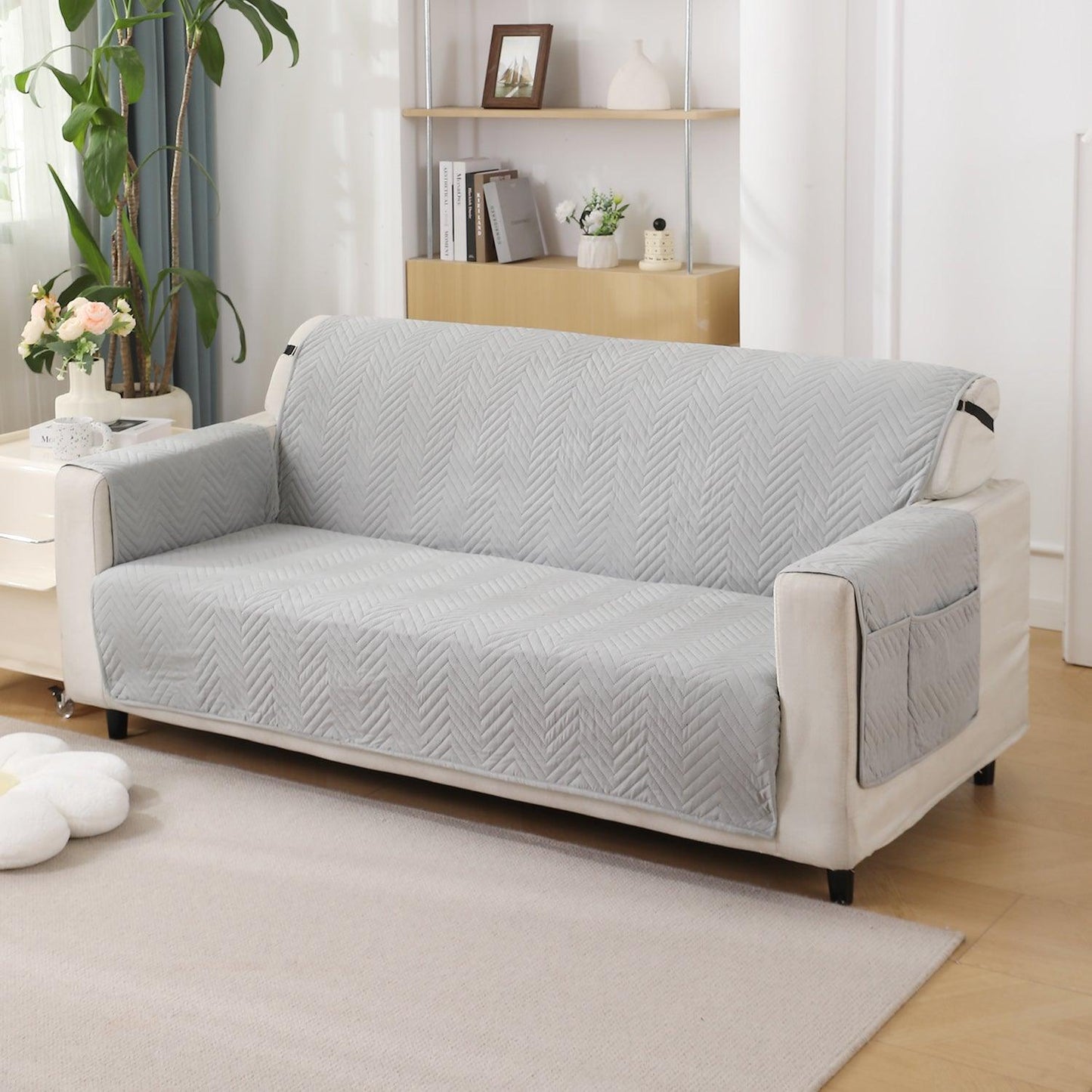 Light Grey Quilted Sofa Mat Cover with Pockets | Non - Slip & Full Fitted | 1/2/3 Seater - HOKIPO | Har Ghar ka Humsafar