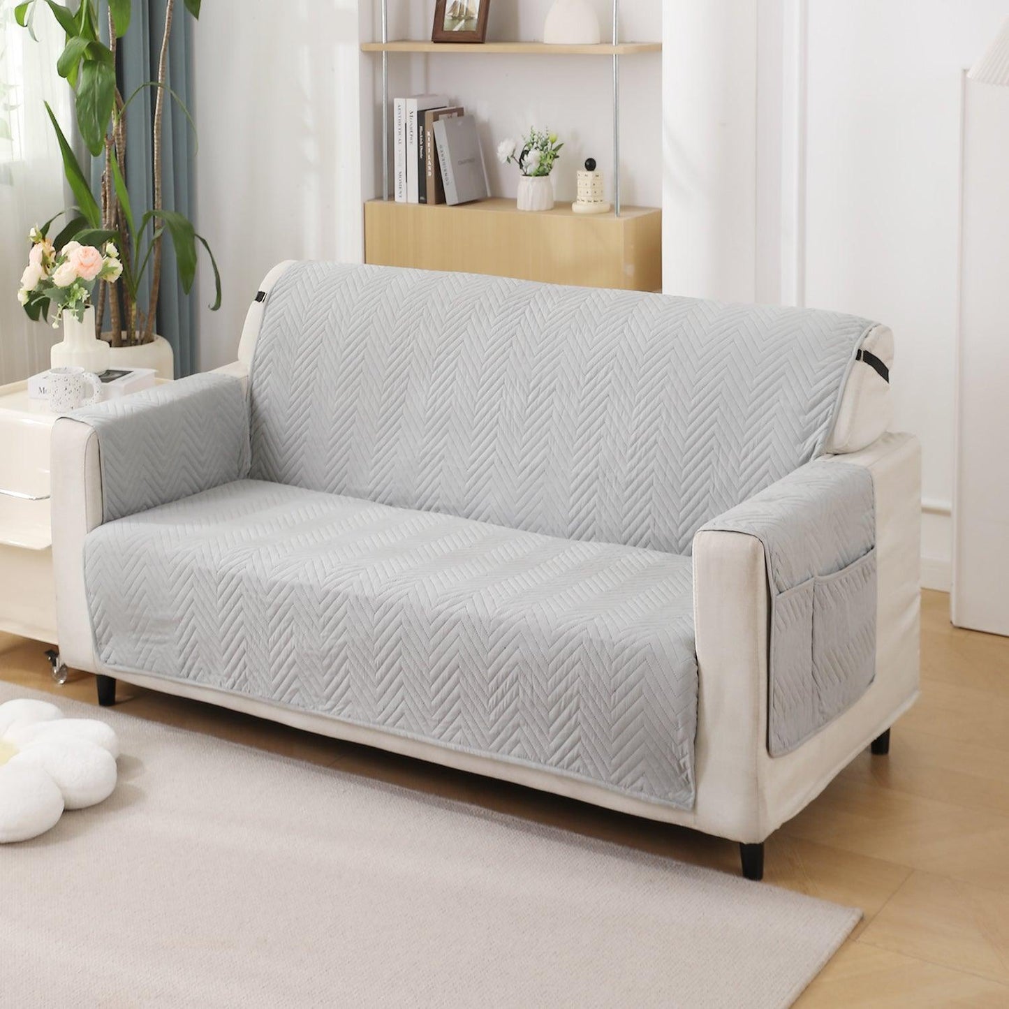 Light Grey Quilted Sofa Mat Cover with Pockets | Non - Slip & Full Fitted | 1/2/3 Seater - HOKIPO | Har Ghar ka Humsafar