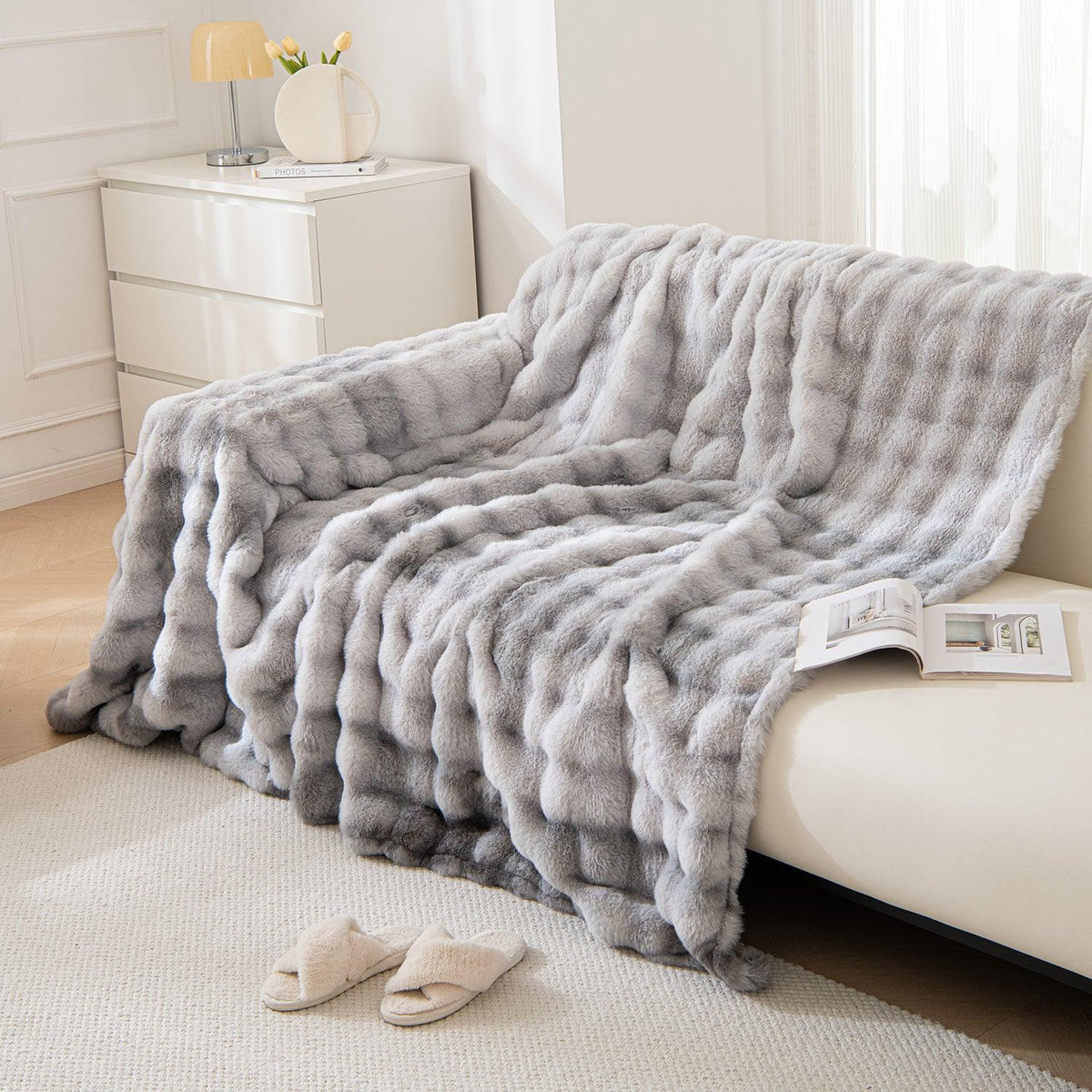Shop Grey Premium Gradient Faux Rabbit Wool Sofa Throw online at HOKIPO