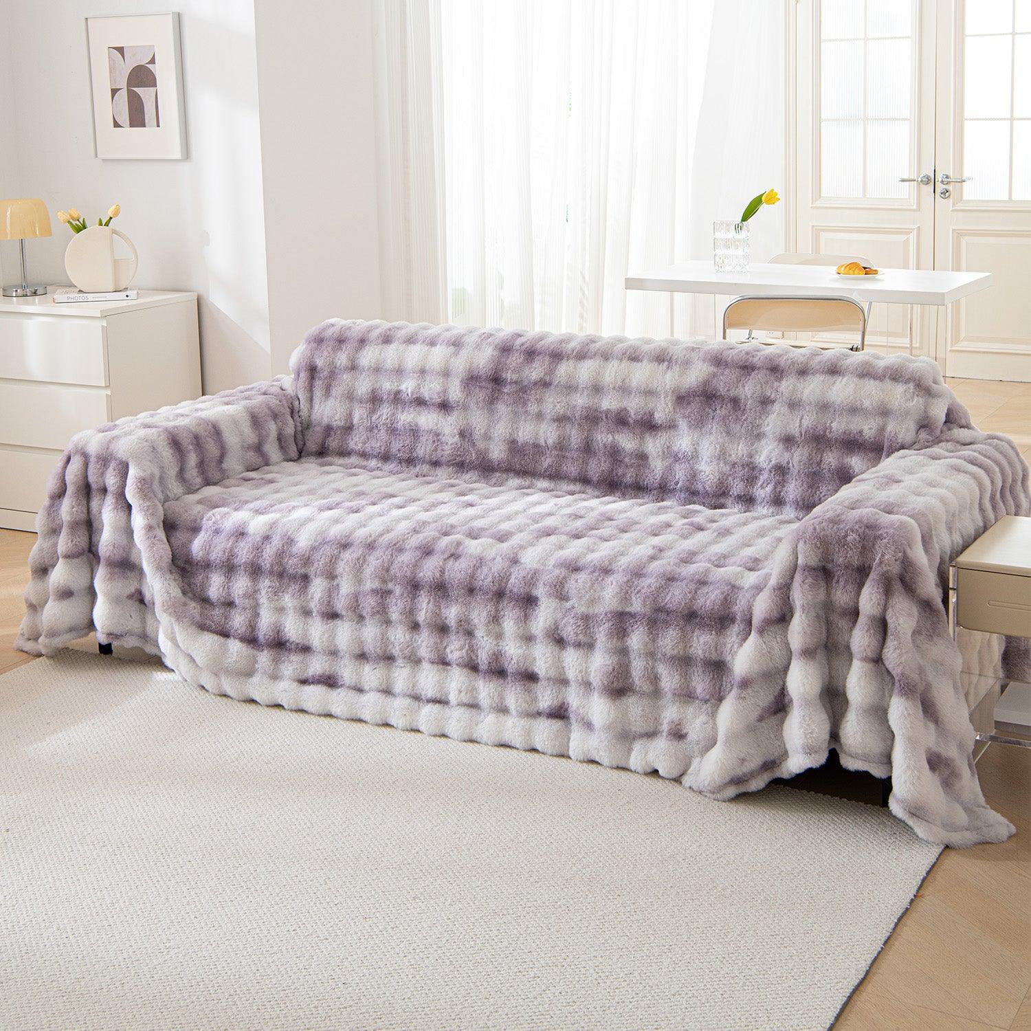 Violet Colour Luxury Gradient Faux Rabbit Wool Sofa Throw | HOKIPO