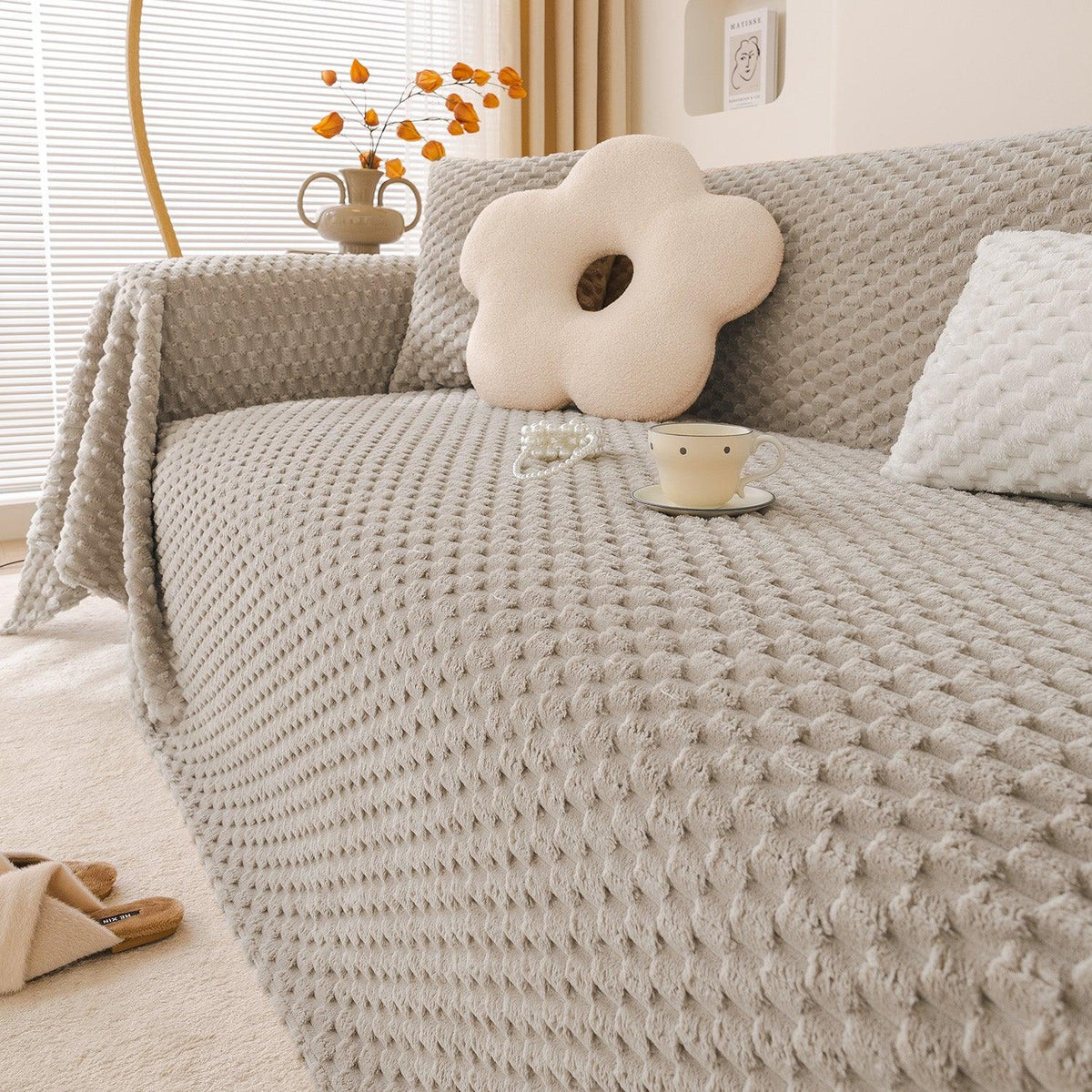 Sand Brown Luxury Rabbit Plush Sofa Throw – 3 Seater | HOKIPO