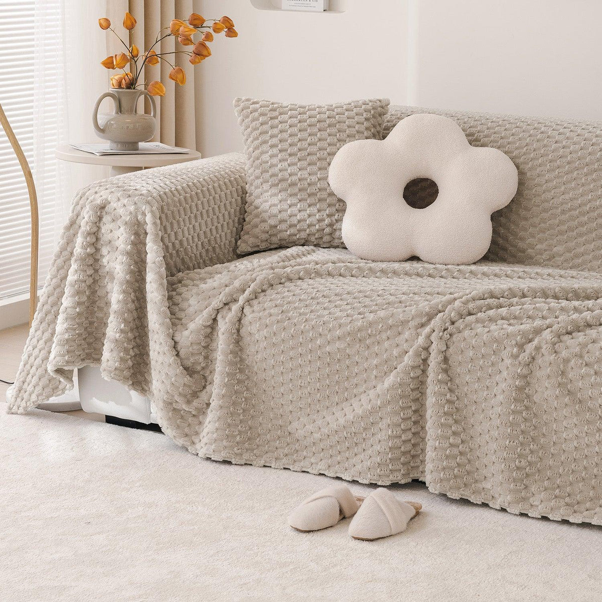 Sand Brown Luxury Rabbit Plush Sofa Throw – 3 Seater | HOKIPO