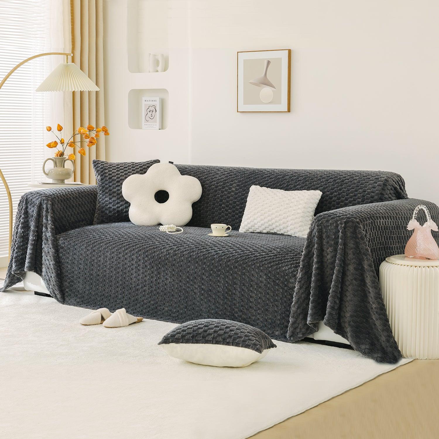 Charcoal Grey Luxury Rabbit Plush Sofa Throw – 3 Seater | HOKIPO