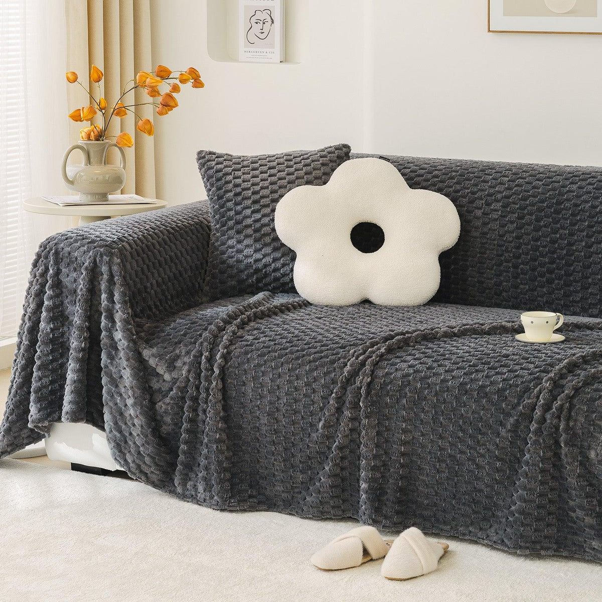 Charcoal Grey Skin-friendly and non-shedding Premium Rabbit Plush Sofa Throw Cover | HOKIPO
