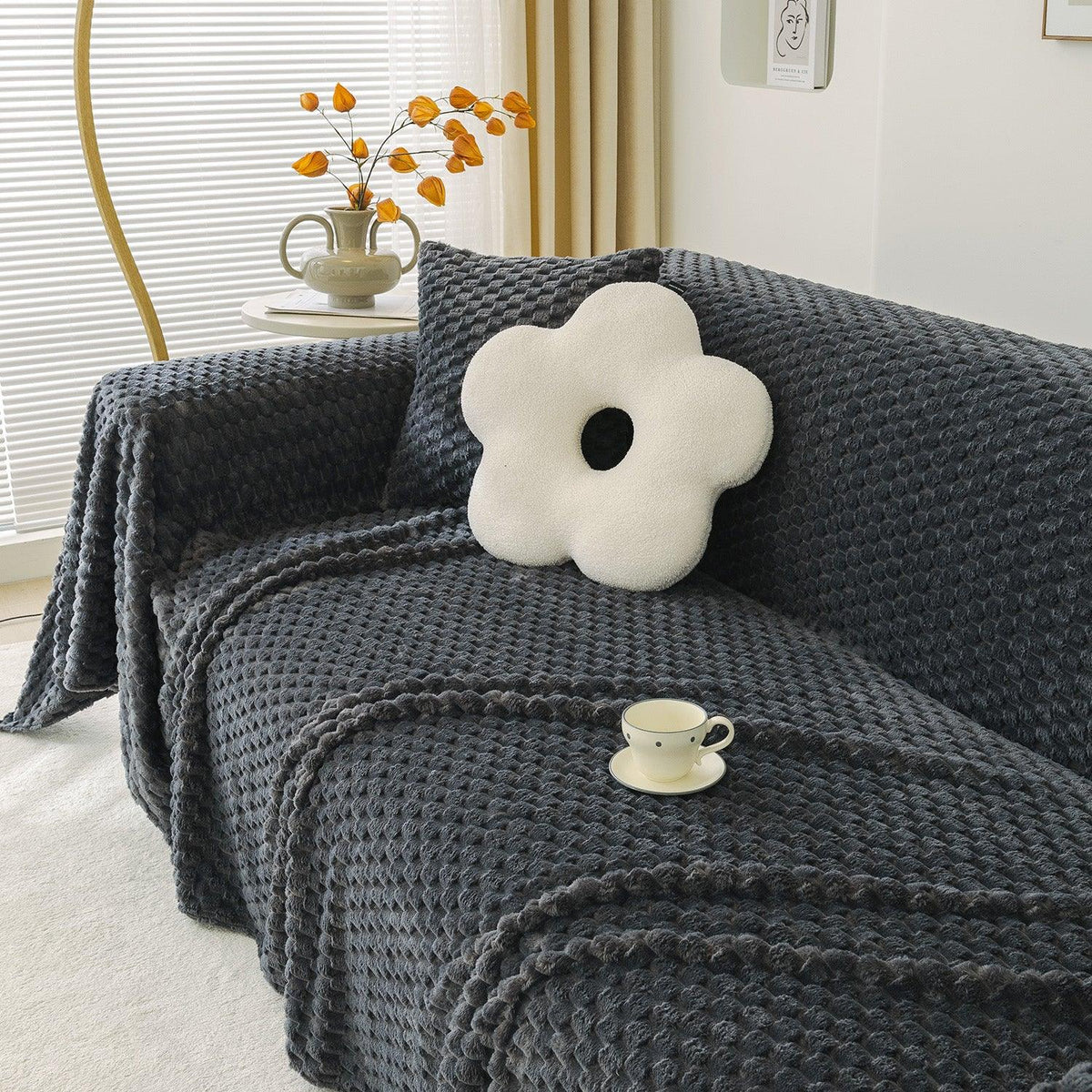 Charcoal Grey Rabbit Plush Sofa Throw cover available for 1, 2 & 3 sets | HOKIPO