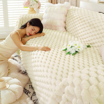 Cream Colour Luxury Rabbit Wool Plush Sofa Throw HOKIPO