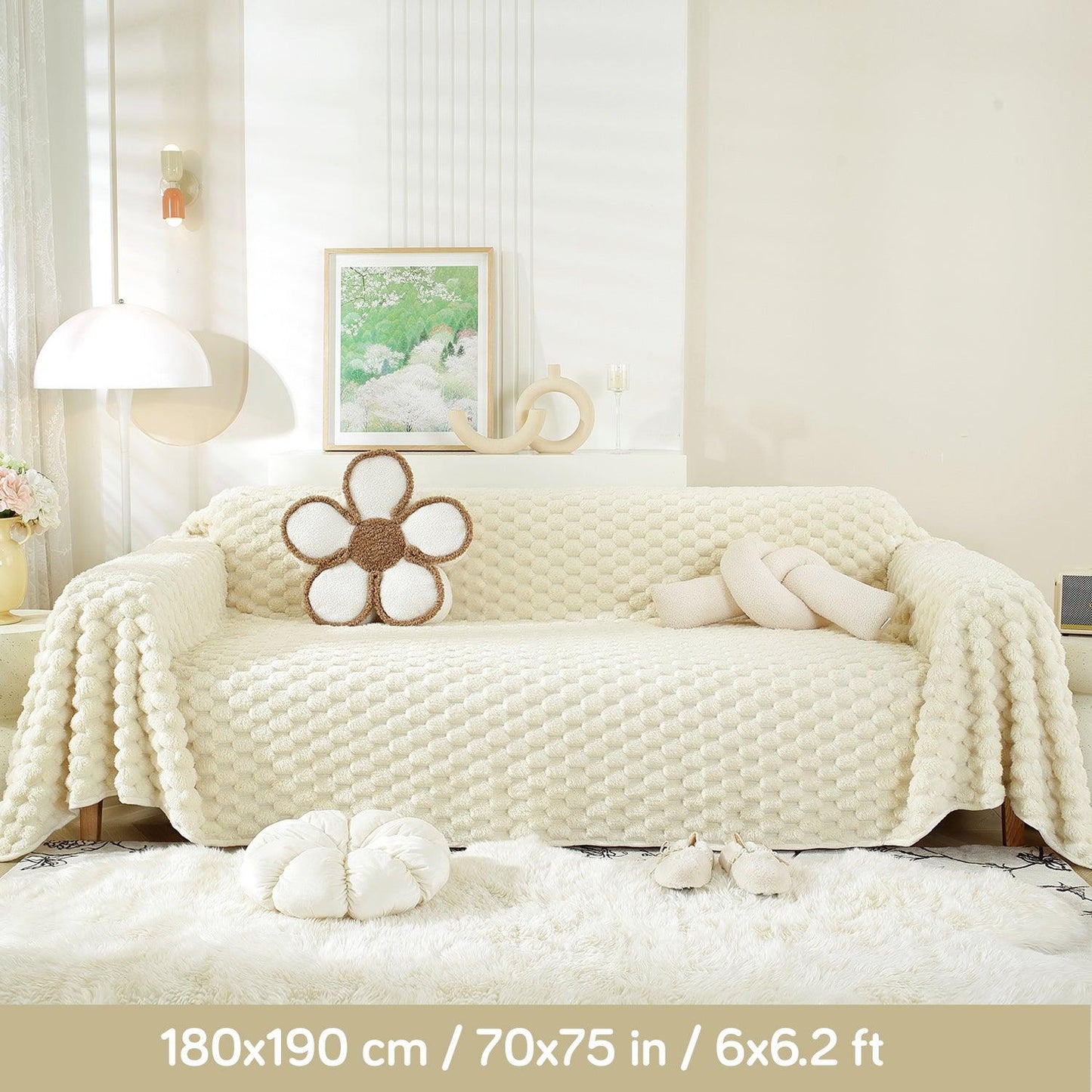 Luxury Rabbit Wool Plush Sofa Throw, Cream - HOKIPO | Har Ghar ka Humsafar