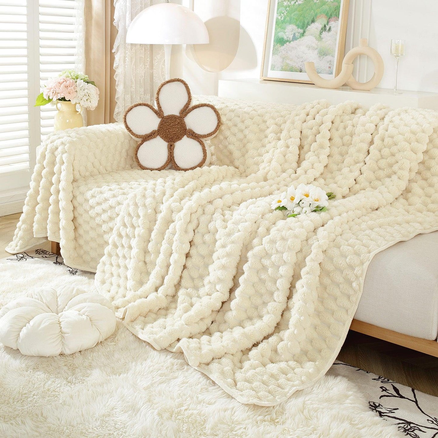 Luxury Rabbit Wool Plush Sofa Throw, Cream - HOKIPO | Har Ghar ka Humsafar