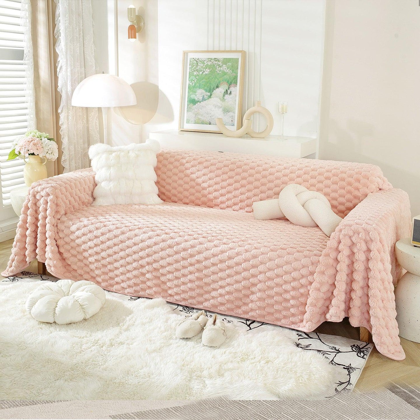 Luxury Rabbit Wool Plush Sofa Throw, Flamingo Pink - HOKIPO | Har Ghar ka Humsafar