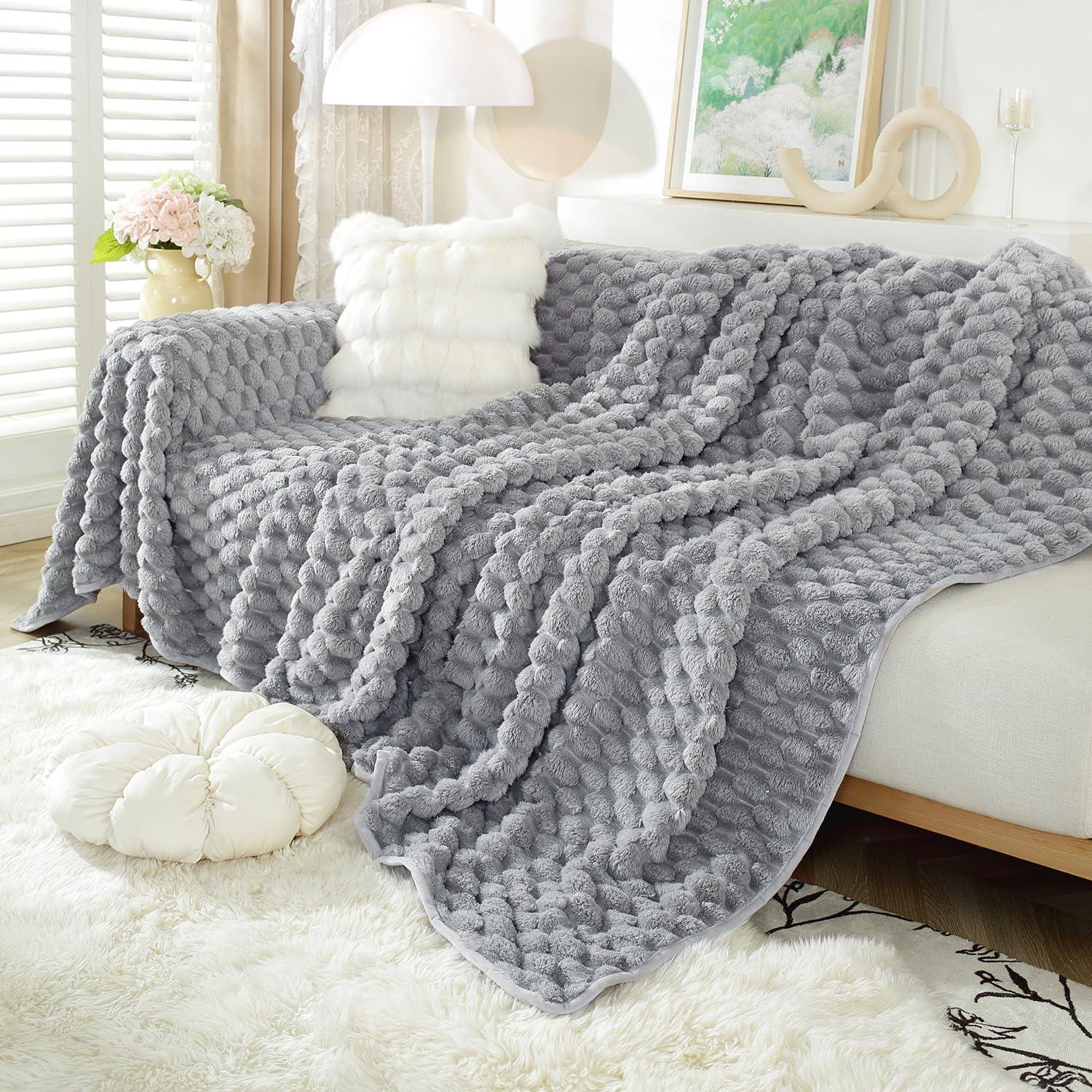 Moon Grey Colour Luxury Rabbit Wool Plush Sofa Throw HOKIPO
