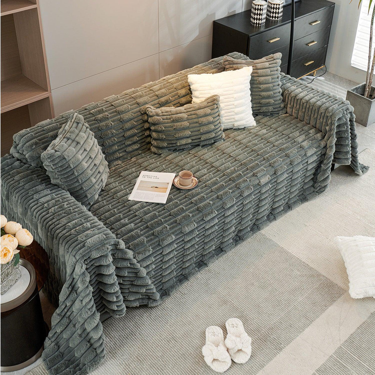 Charcoal Grey Luxury Waxy Faux Rabbit Fluffy Plush Sofa Throw – 3 Seater | HOKIPO