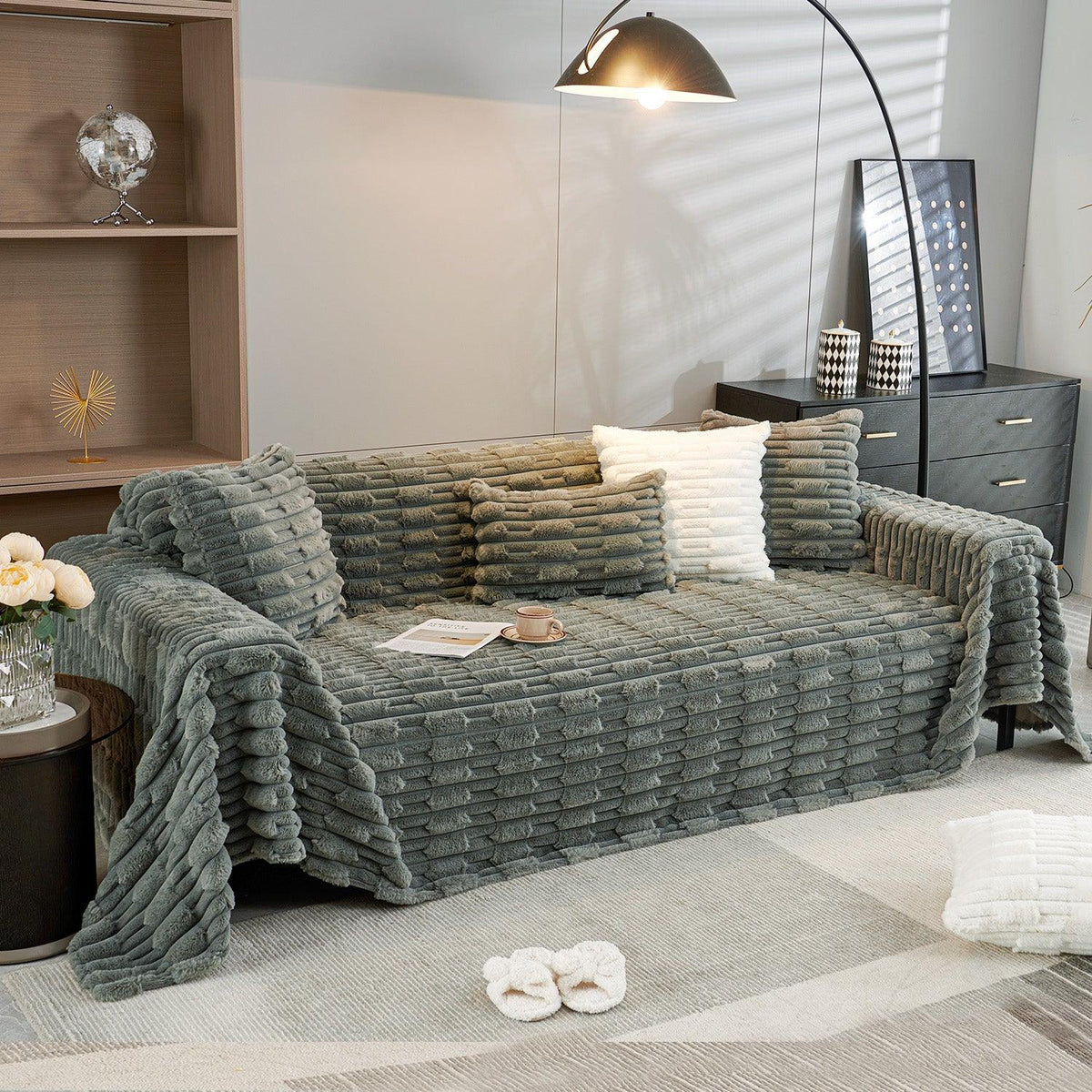 Luxury Waxy Faux Rabbit Fluffy Plush Sofa Throw, Charcoal Grey | HOKIPO