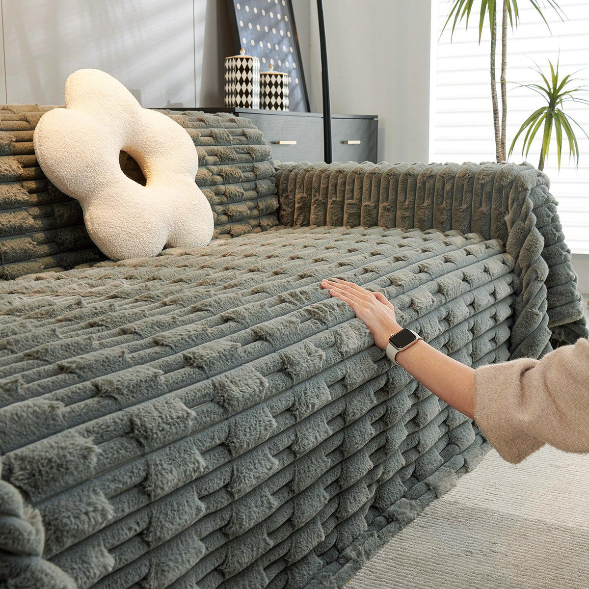 Buy Charcoal Grey Luxury Waxy Faux Rabbit Fluffy Plush Sofa Cover | HOKIPO
