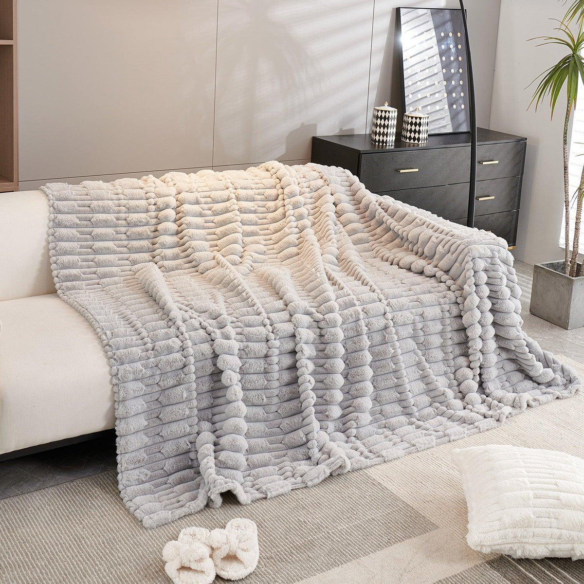 Buy Cloud Grey Luxury Waxy Faux Rabbit Fluffy Plush Sofa Cover | HOKIPO