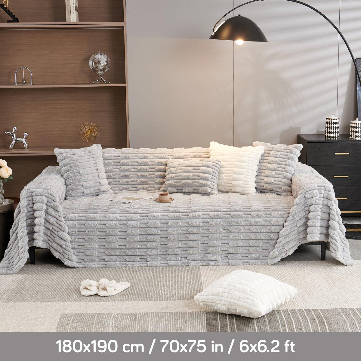 Cloud Grey Luxury Waxy Faux Rabbit Fluffy Plush Sofa Throw Available for 1/2/3 seater sofas | HOKIPO