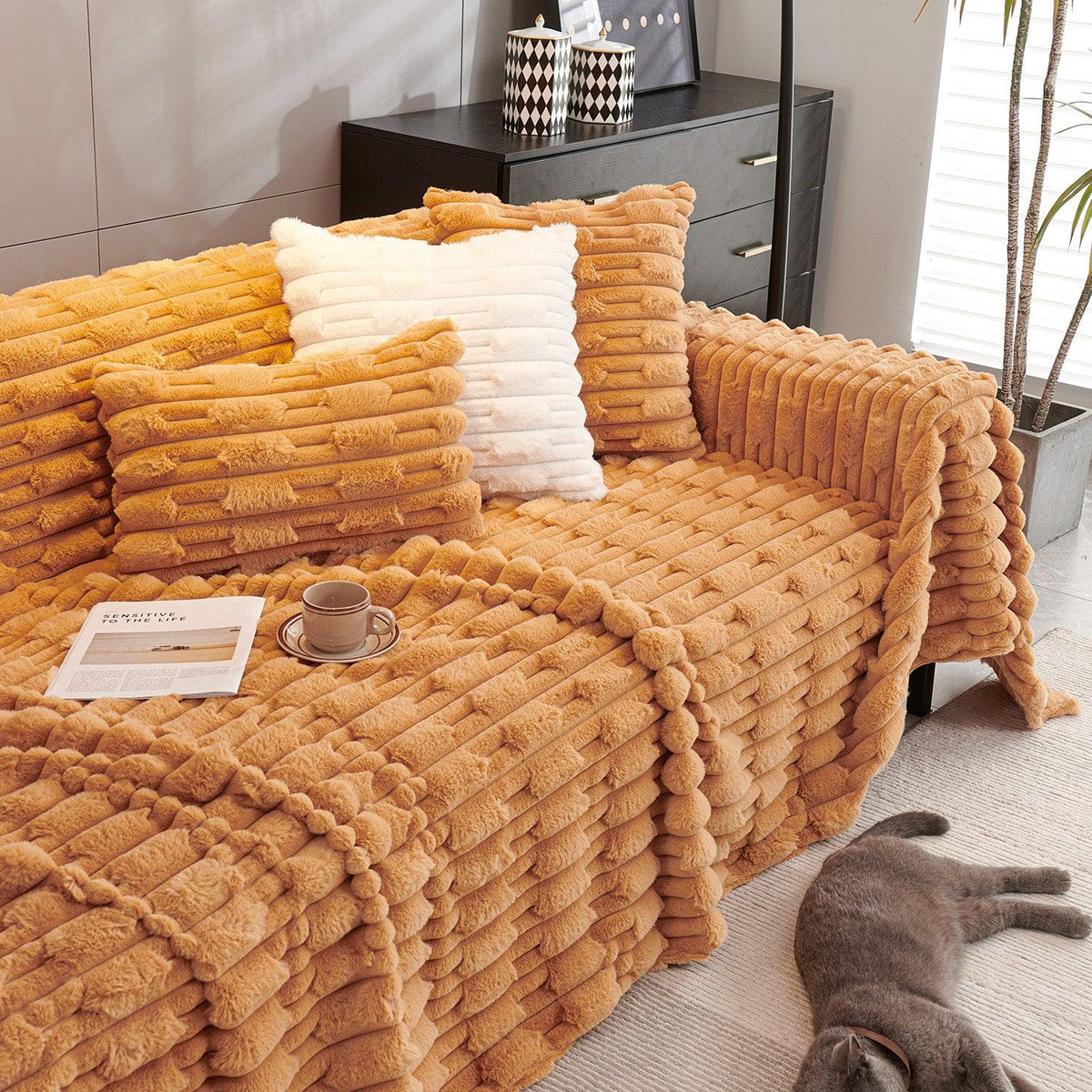 Buy Ochre Brown Luxury Waxy Faux Rabbit Fluffy Plush Sofa Cover | HOKIPO