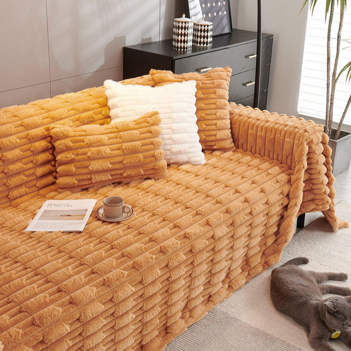 Buy Ochre Brown Luxury Waxy Faux Rabbit Fluffy Plush Sofa Throw | HOKIPO