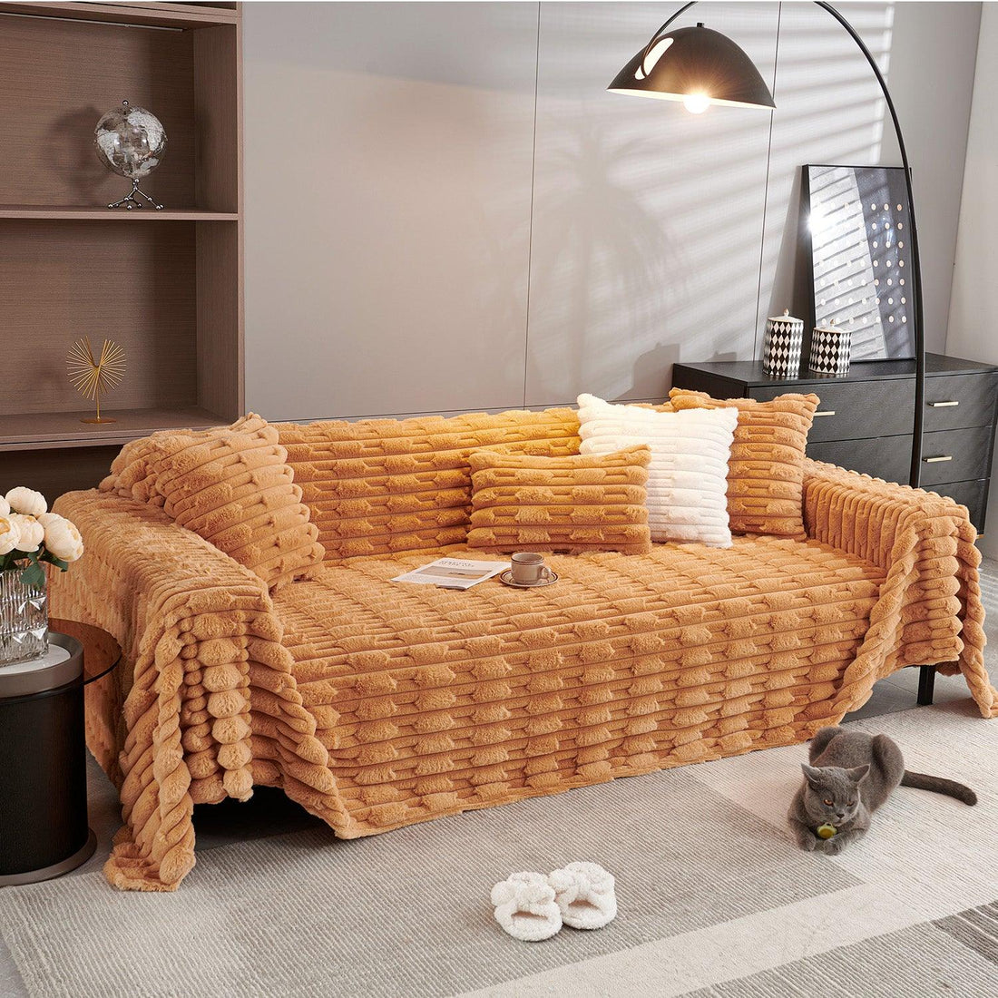 Luxury Waxy Faux Rabbit Fluffy Plush Sofa Throw, Ochre Brown | HOKIPO 