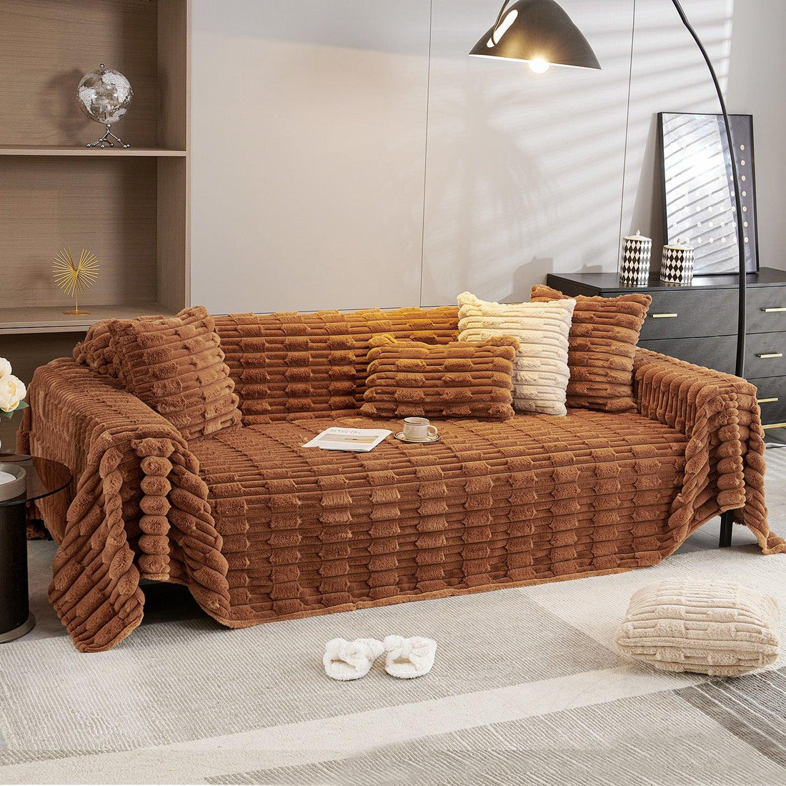 Luxury Waxy Faux Rabbit Fluffy Plush Sofa Throw, Russet Brown | HOKIPO 