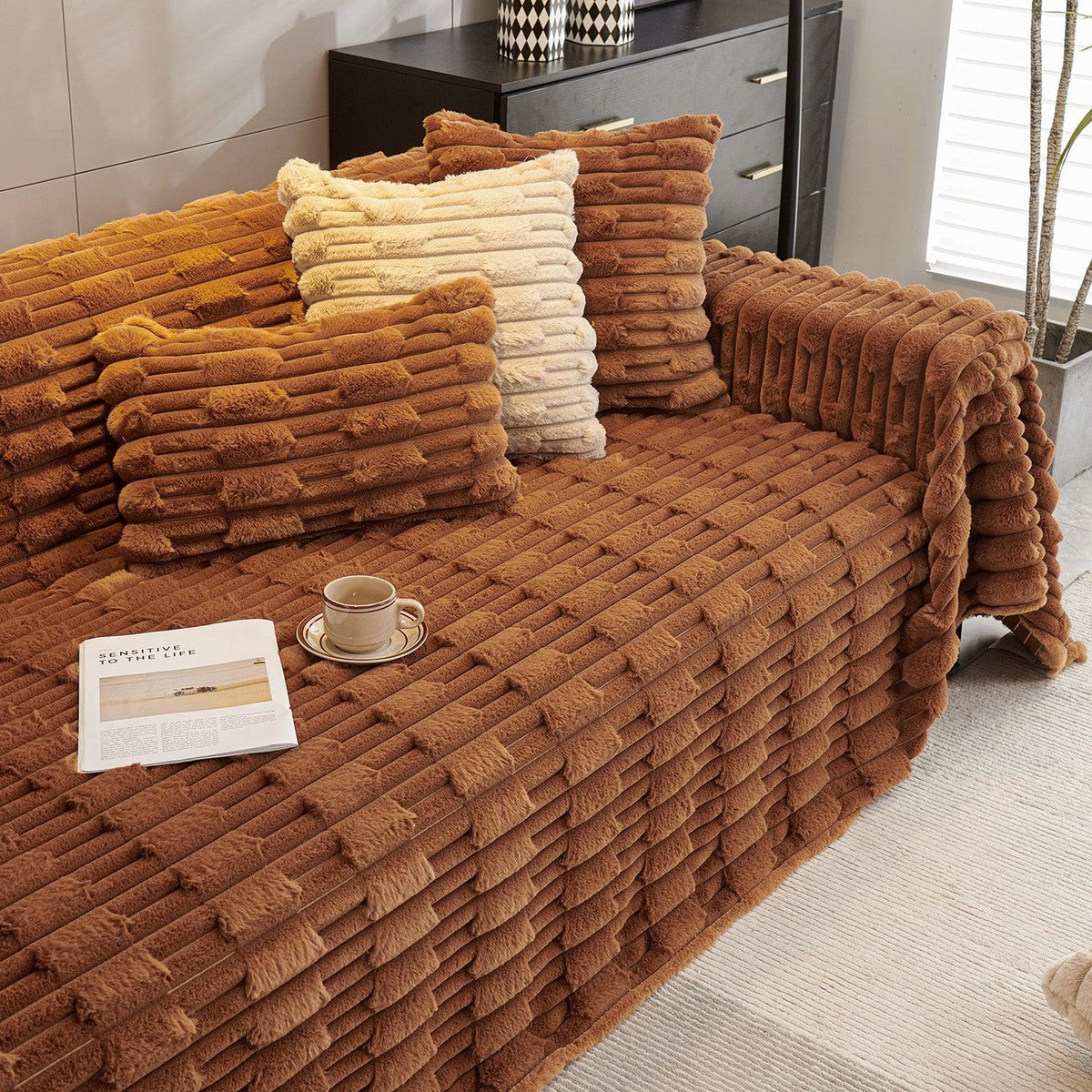 Buy Russet Brown Luxury Waxy Faux Rabbit Fluffy Plush Sofa Throw | HOKIPO