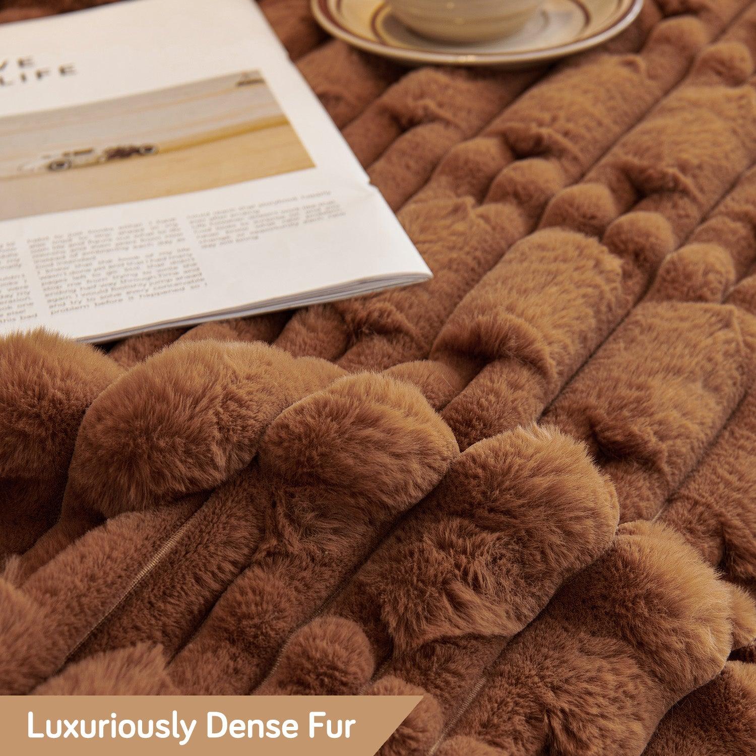 Luxury Waxy Faux Rabbit Fluffy Plush Sofa Throw, Russet Brown - HOKIPO | Har Ghar ka Humsafar