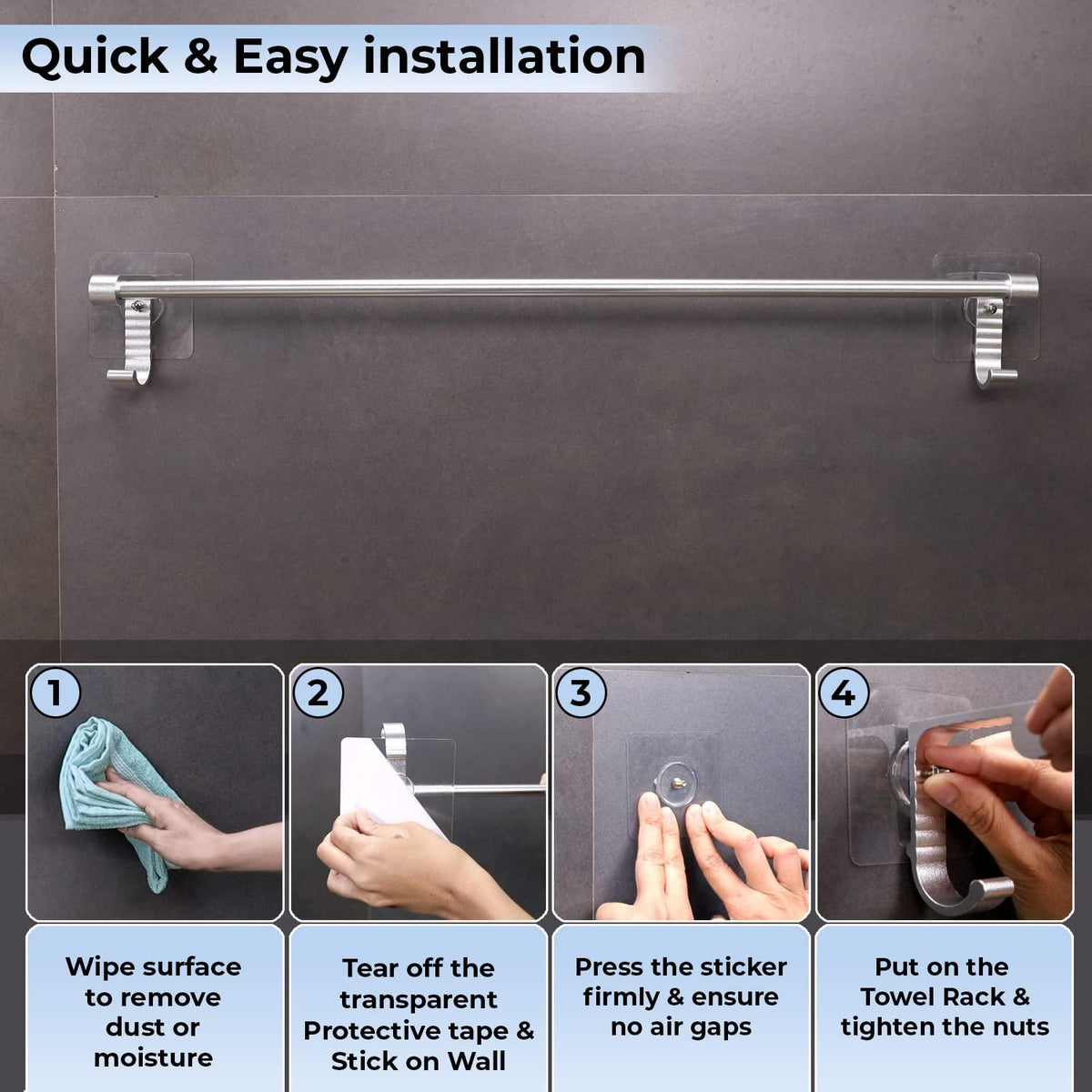 Guide To Install HOKIPOs Stainless Steel Wall Mounted Bathroom Towel Rod with Hooks​ | HOKIPO