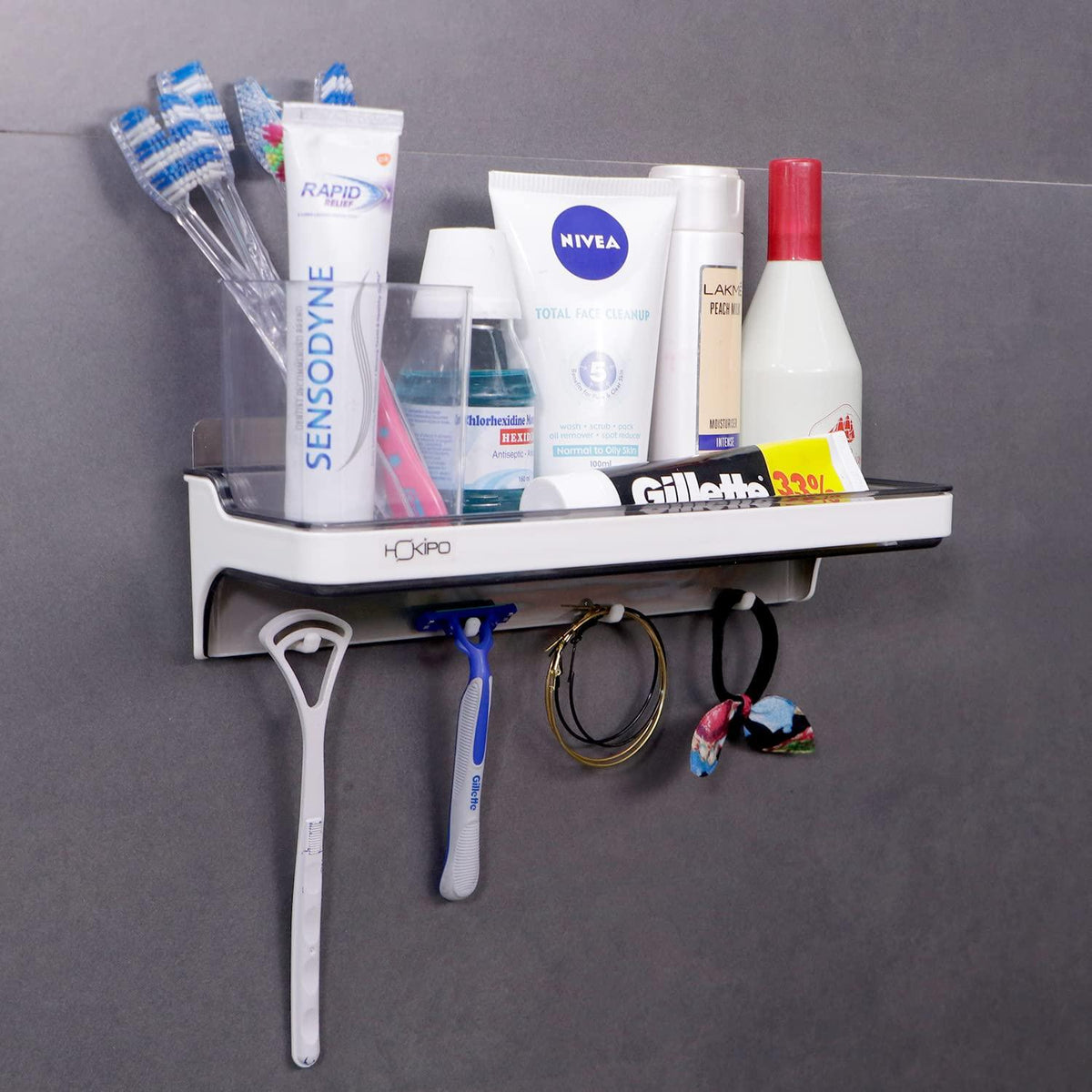 Magic Sticker Series Wall Mounted Bathroom Shelf with 5 Hooks - HOKIPO | Har Ghar ka Humsafar