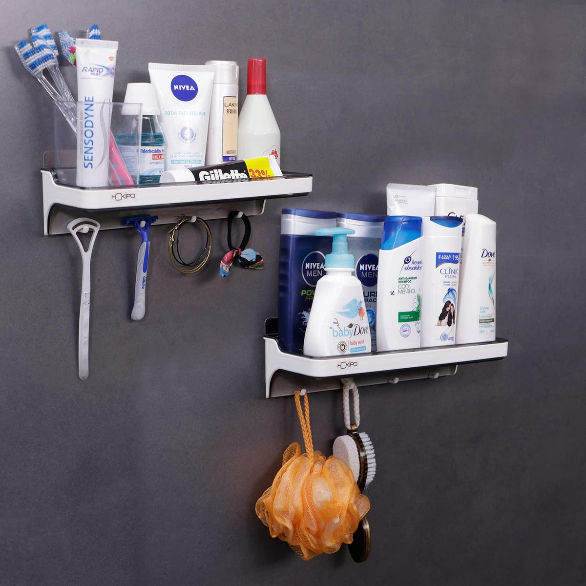 Wall Mounted Plastic Bathroom tray with 5 Hooks | HOKIPO