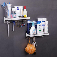 Magic Sticker Series Wall Mounted Bathroom Shelf with 5 Hooks - HOKIPO | Har Ghar ka Humsafar