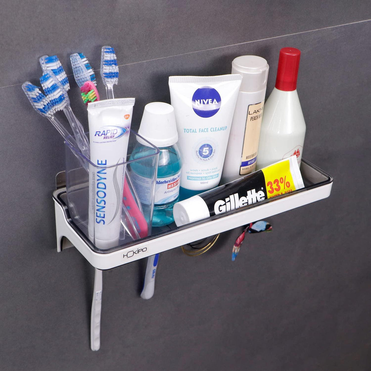 Wall Mounted Bathroom Shelf with 5 Hooks | HOKIPO 