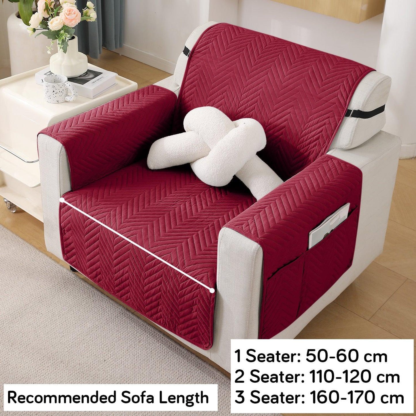 Maroon Quilted Sofa Mat Cover with Pockets | Non Slip & Full Fitted | 1/2/3 Seater - HOKIPO | Har Ghar ka Humsafar