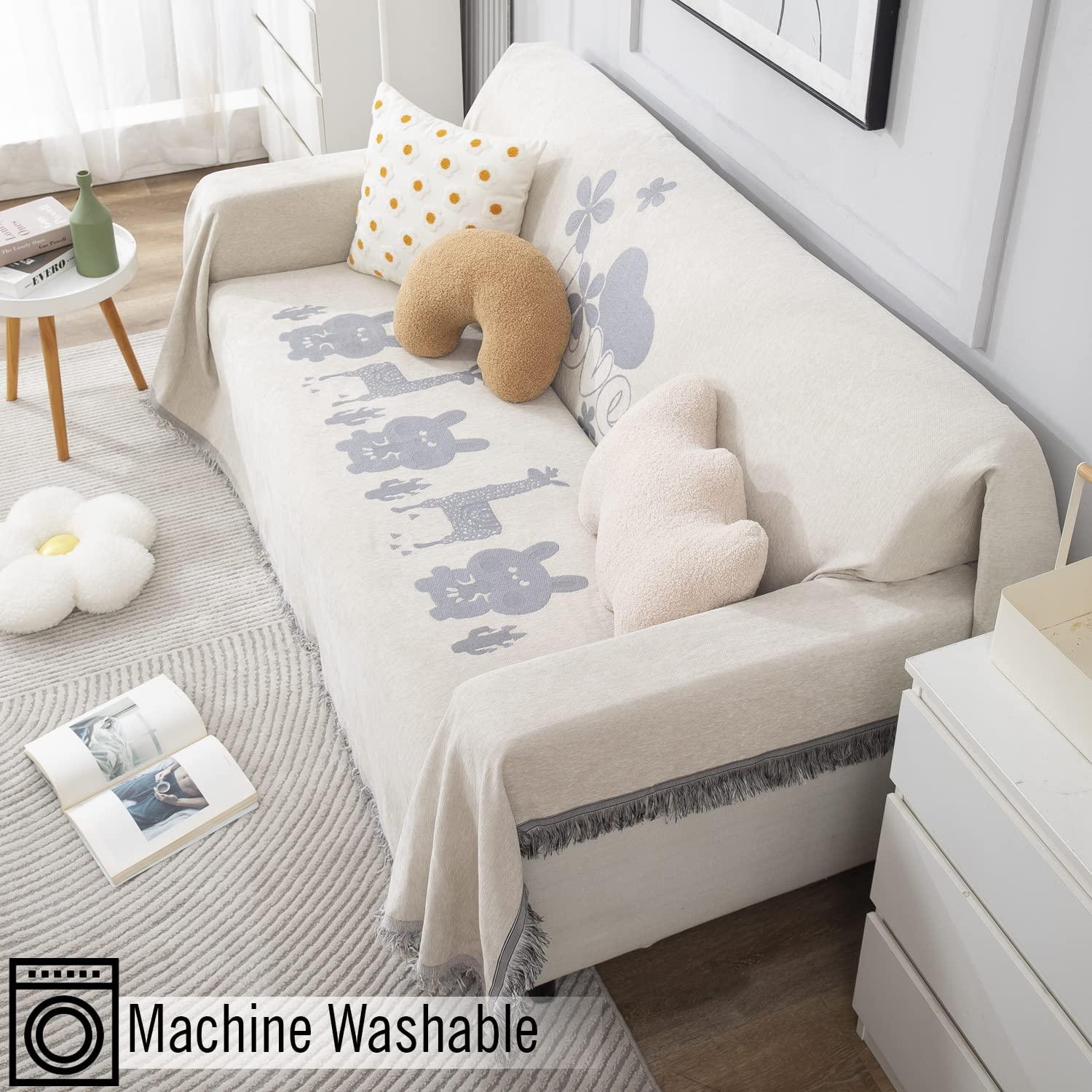 Off - White Nature, Soft and Pet Friendly Chenille Sofa Throw Cover - HOKIPO | Har Ghar ka Humsafar