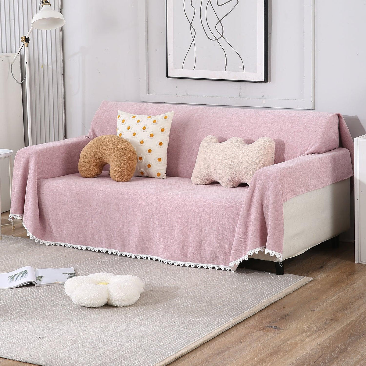 3 seater elegant Pink colour chenille sofa throw of size 180(D)x300(L)
