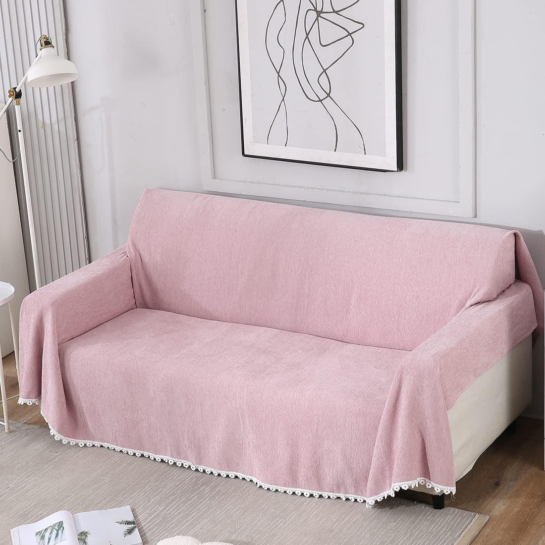 Pink colour chenille sofa throw cover
