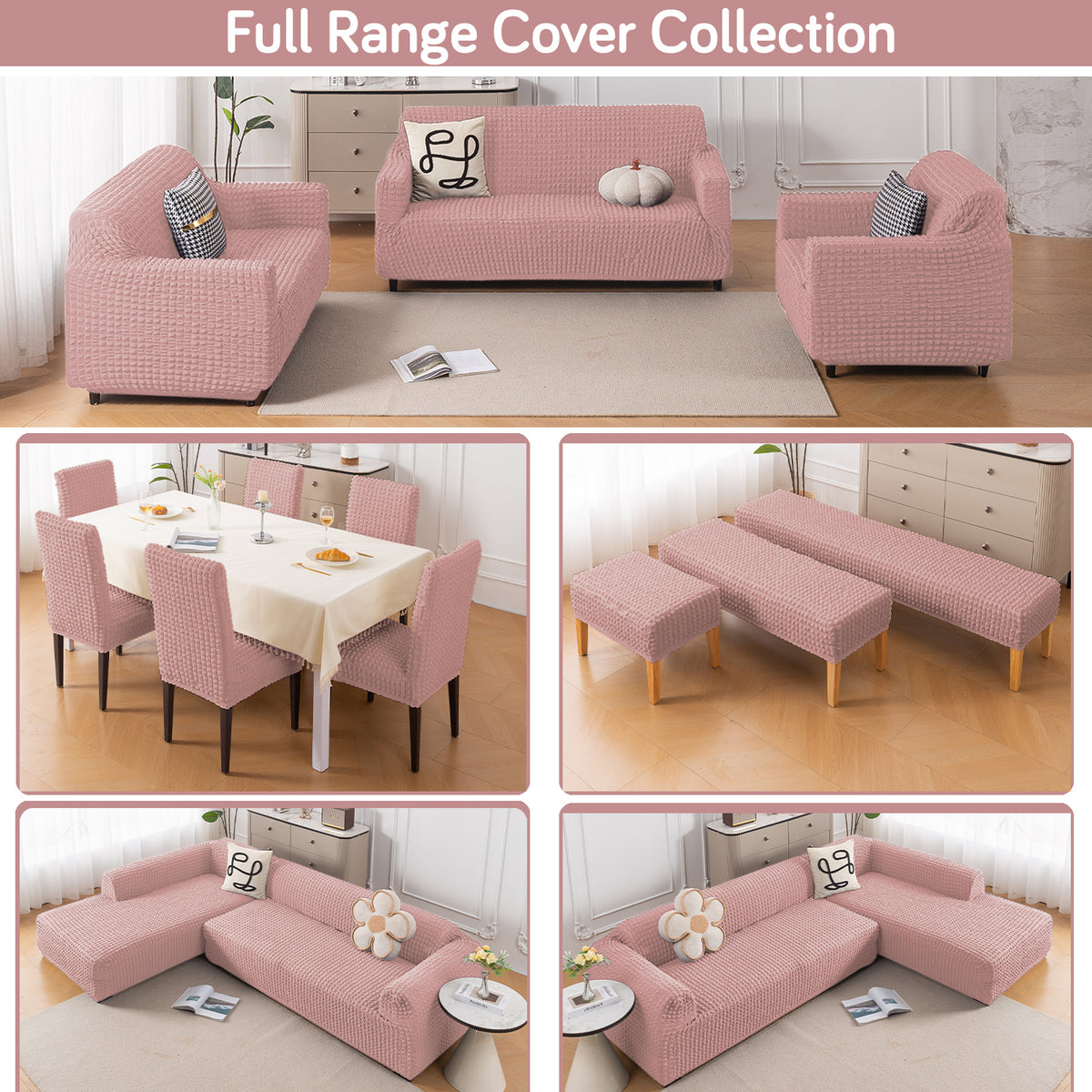 Aria Nova 280 GSM Stretchable Bubble Dining Bench Cover, Tea Rose Pink