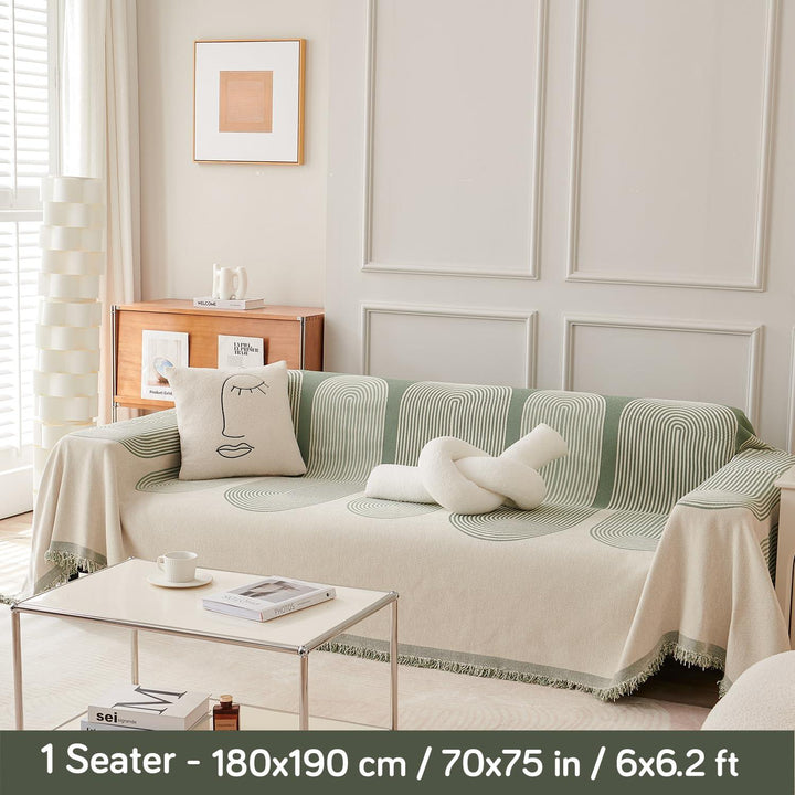 Pista Green, Abstract Line Print Chenille Sofa Throw | All - Season Fabric - HOKIPO | Har Ghar ka Humsafar
