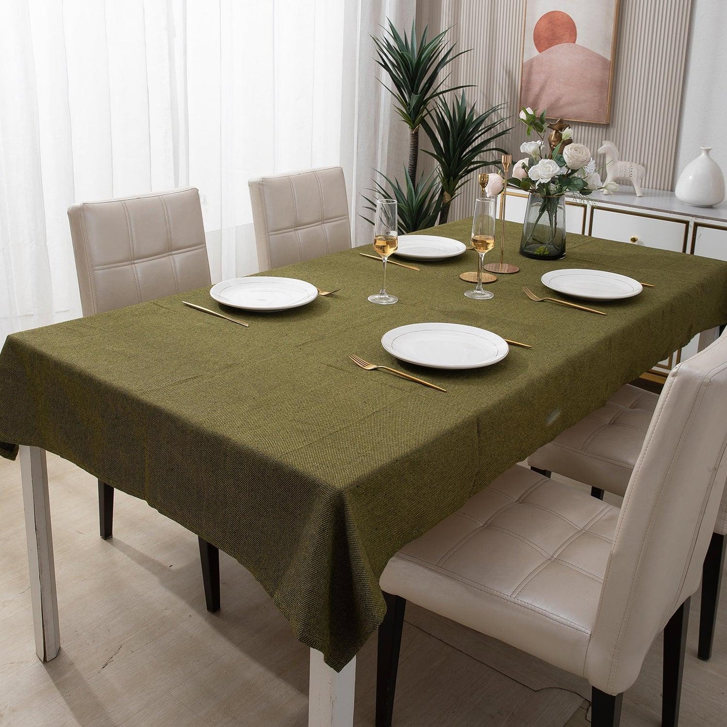 Poly Jute Dining Table Cover, Mehndi Green - HOKIPO | Har Ghar ka Humsafar