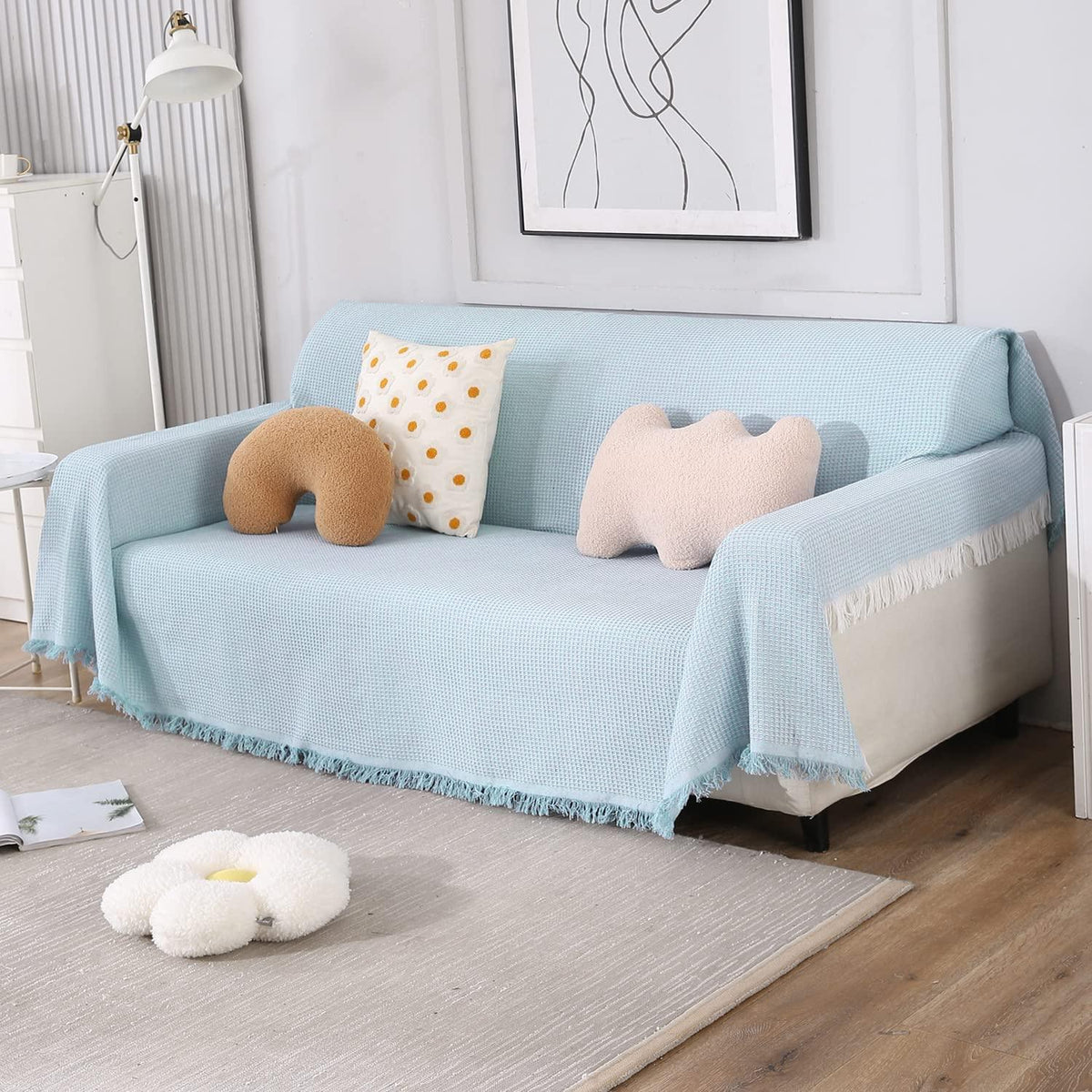 3 seater elegant Blue colour polycotton sofa throw of size 180(D)x300(L)
