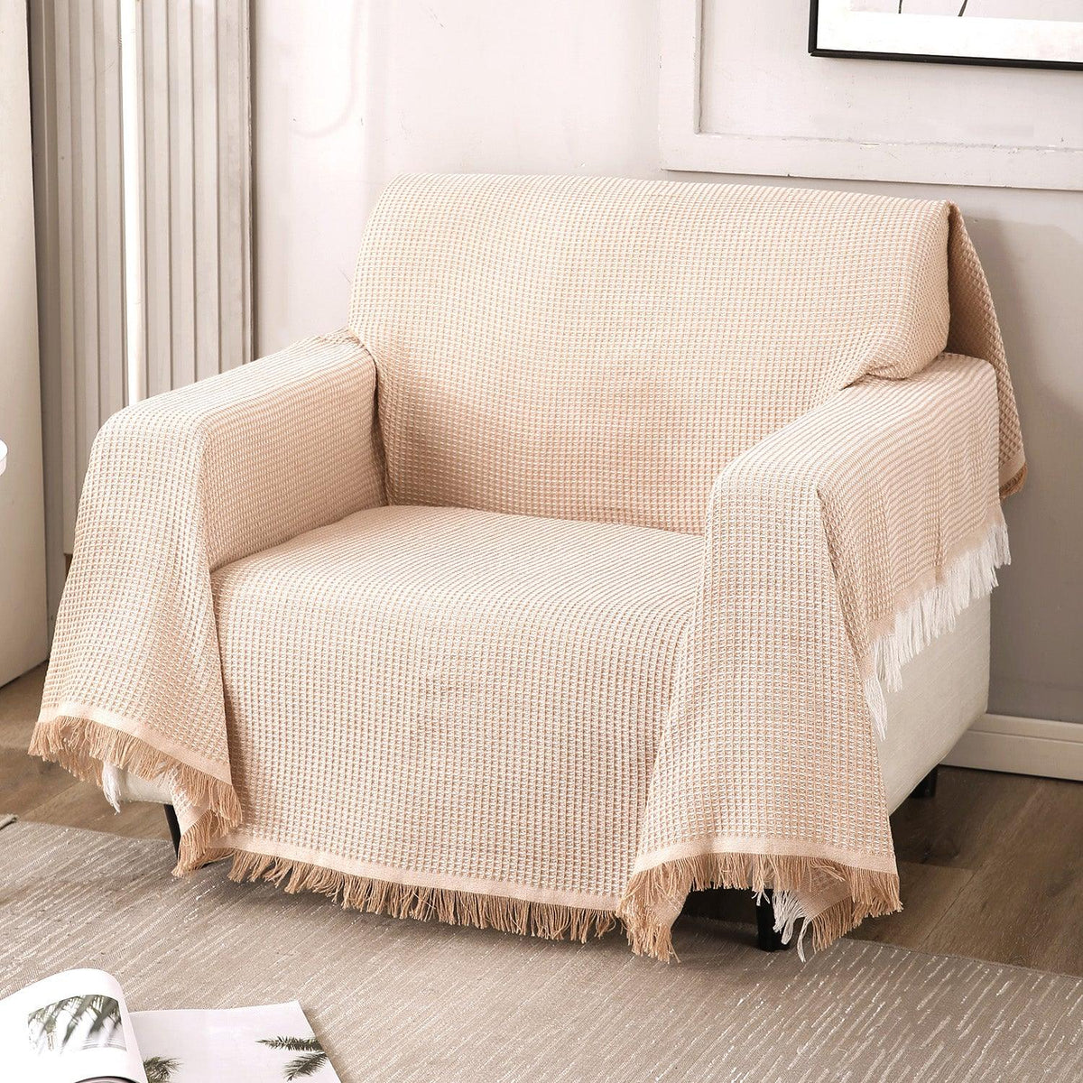 1 Seater elegant peach colour polycotton sofa throw of size 180(D)x180(L) 
