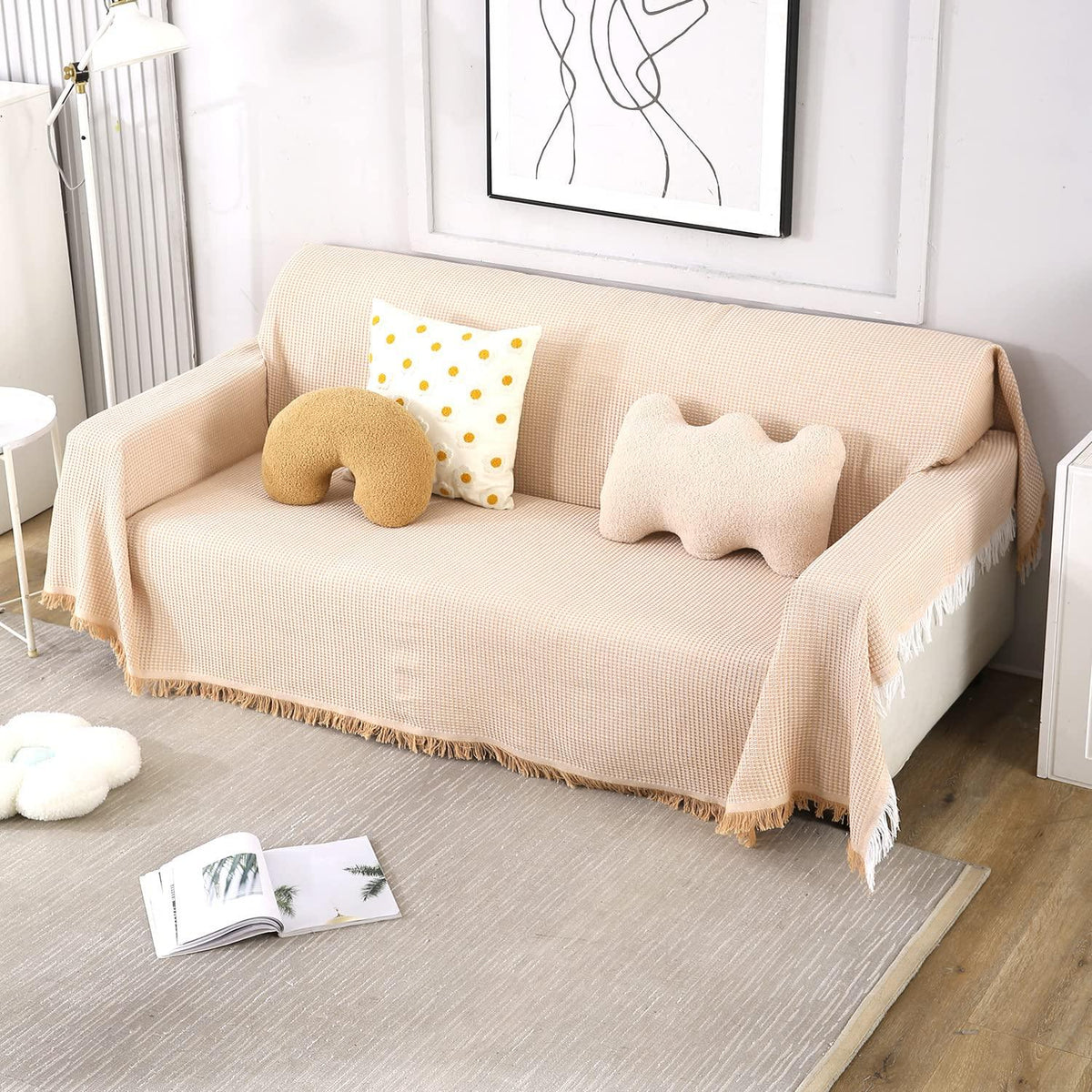 3 seater elegant peach colour polycotton sofa throw of size 180(D)x300(L)
