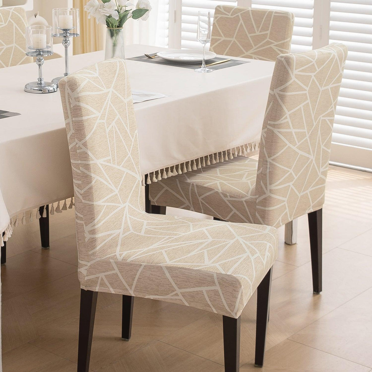 Beige Abstract Geometry Print dining chair covers​ Set