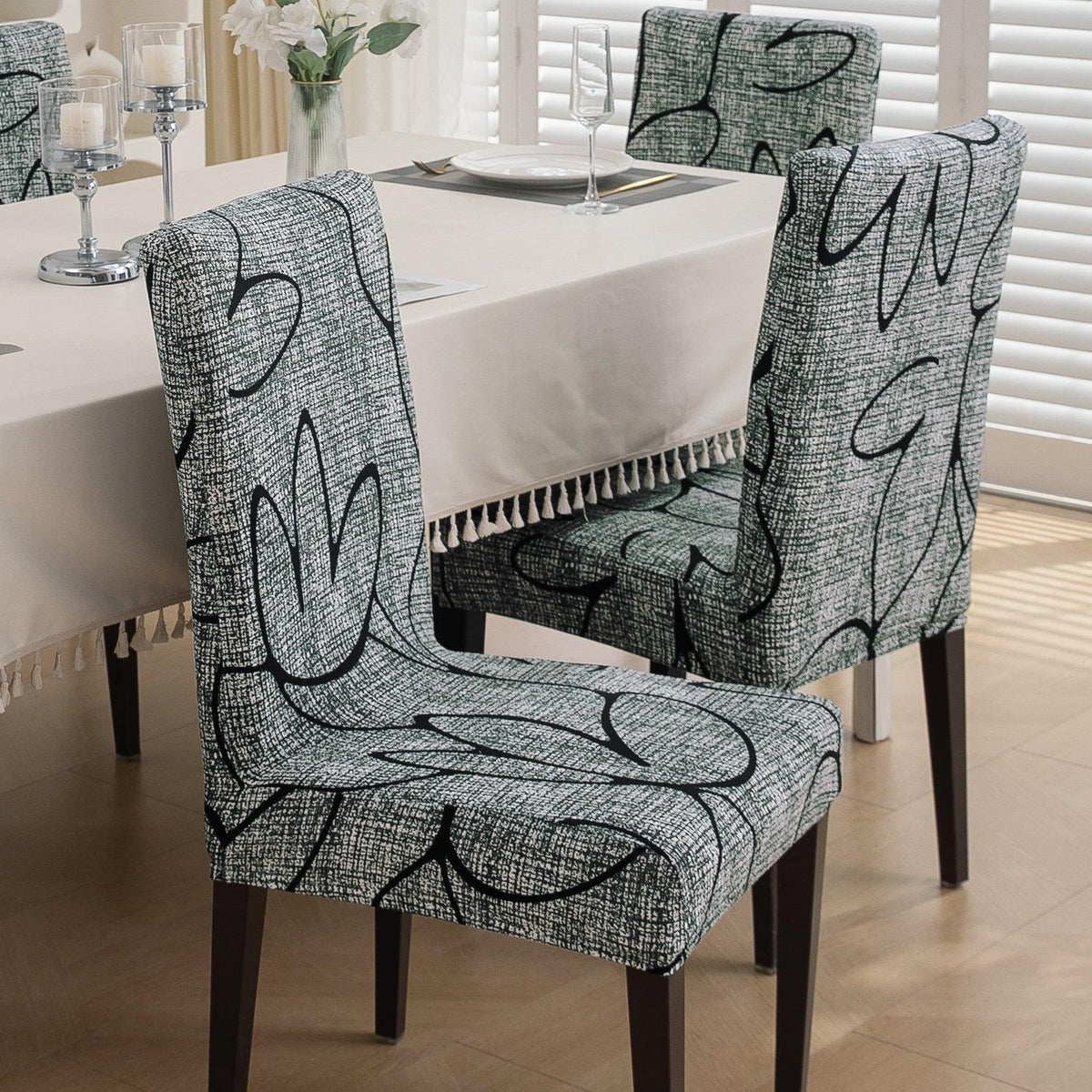 Intense Grey Abstract Floral Print dining table chair covers