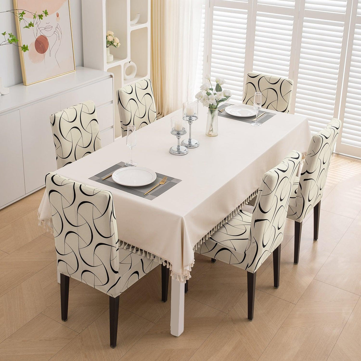 Natural Beige Abstract Art Print chair Covers in set of 1,2,4, & 6 (edited) 